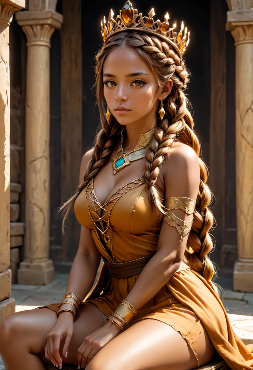 1girl, female, woman,full body, Mythic Fantasy , Seated Pose, La Paz Siesta color, Honey Brown Half-Up Braided Crown with amber highlights, Soft Light, ultra high detail, ultra HD, true 4K