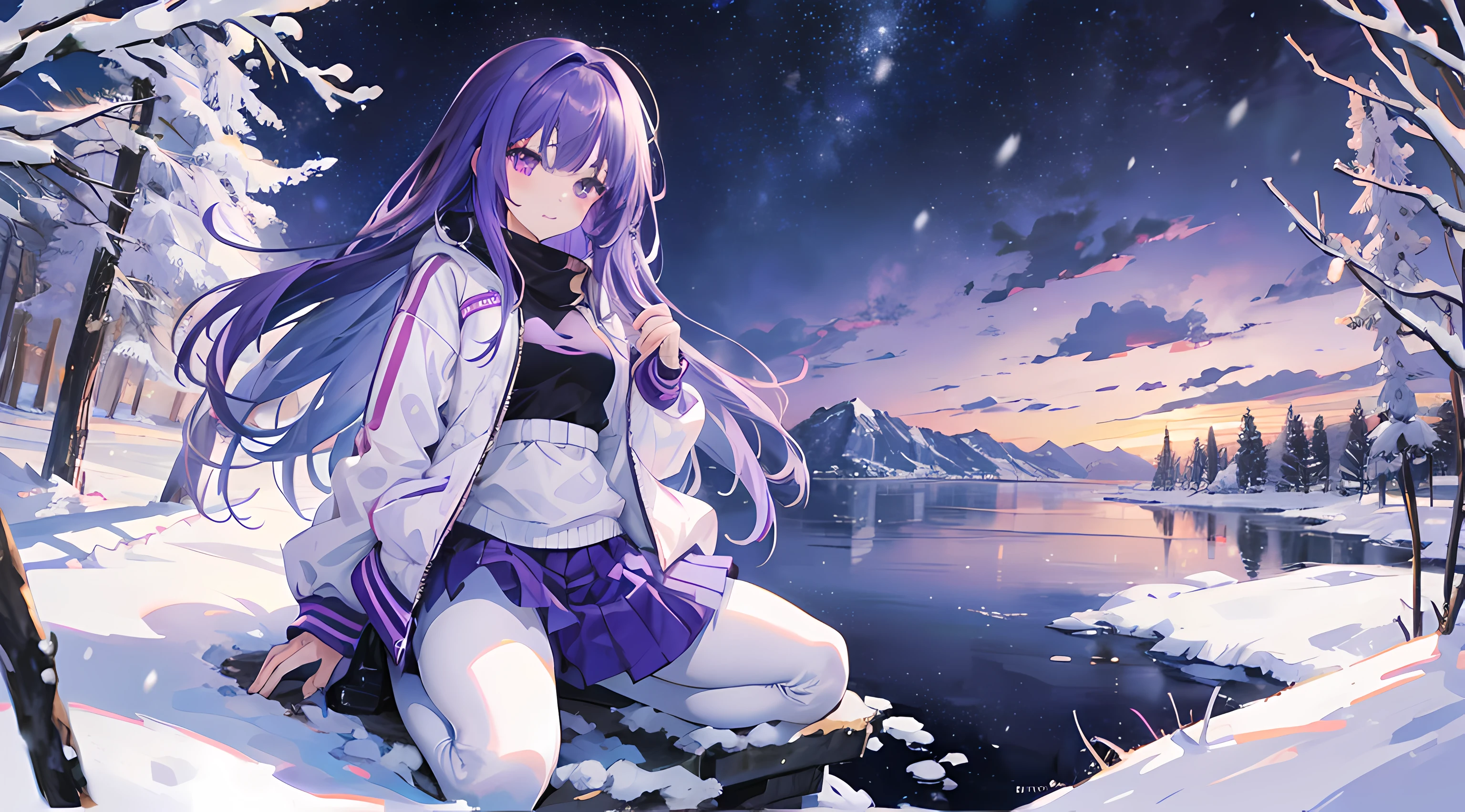 anime girl kneeling on top of the snow, heavy snow, small lake in the background, (1girl), medium purple hair, purple eyes, white jacket, purple skirt, black leggings, medium breasts, cold!!!, beautiful anime artwork, ultrasharp, masterpiece, high res, 8k
