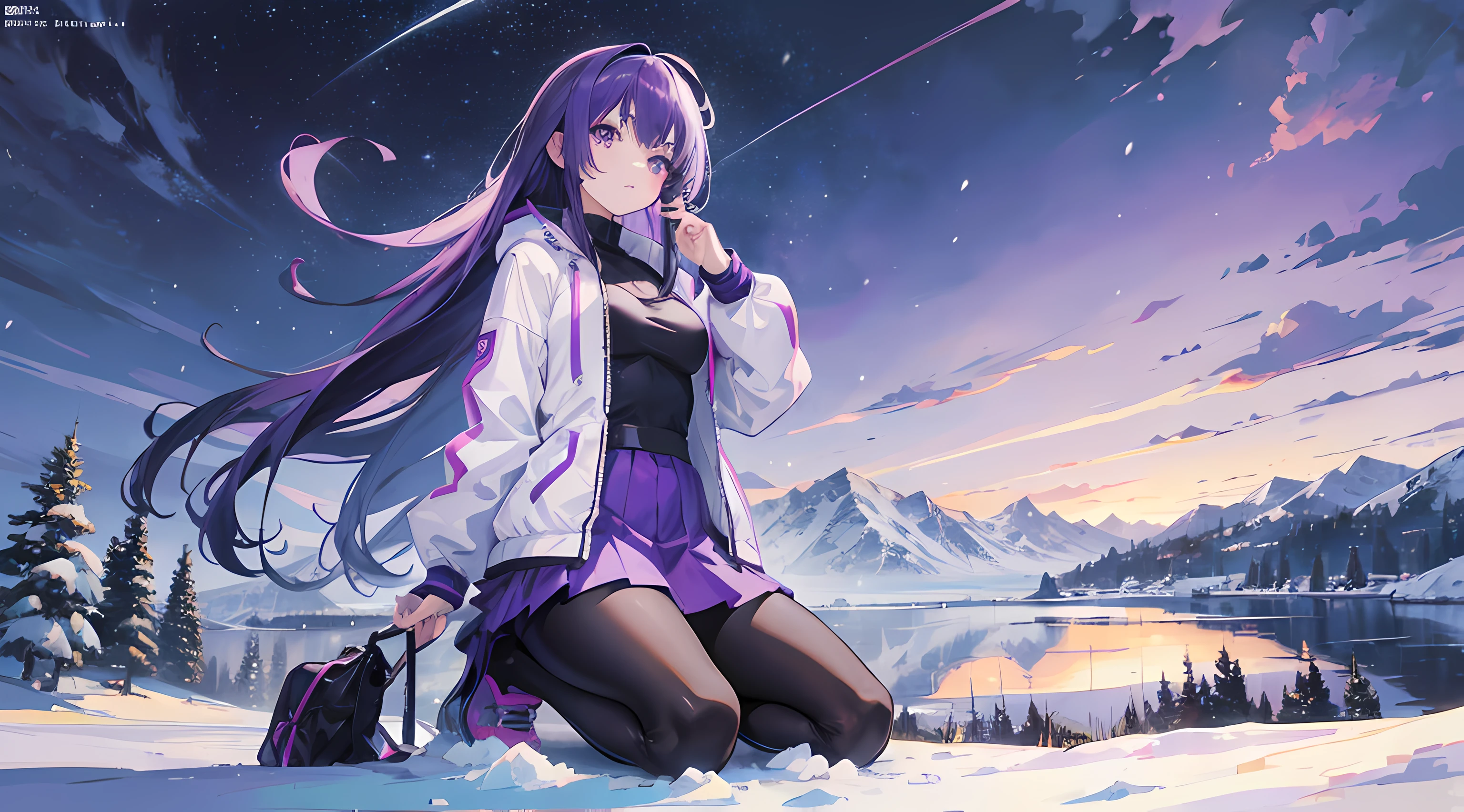 anime girl kneeling on top of the snow, heavy snow, small lake in the background, (1girl), medium purple hair, purple eyes, white jacket, purple skirt, black leggings, medium breasts, cold!!!, beautiful anime artwork, ultrasharp, masterpiece, high res, 8k