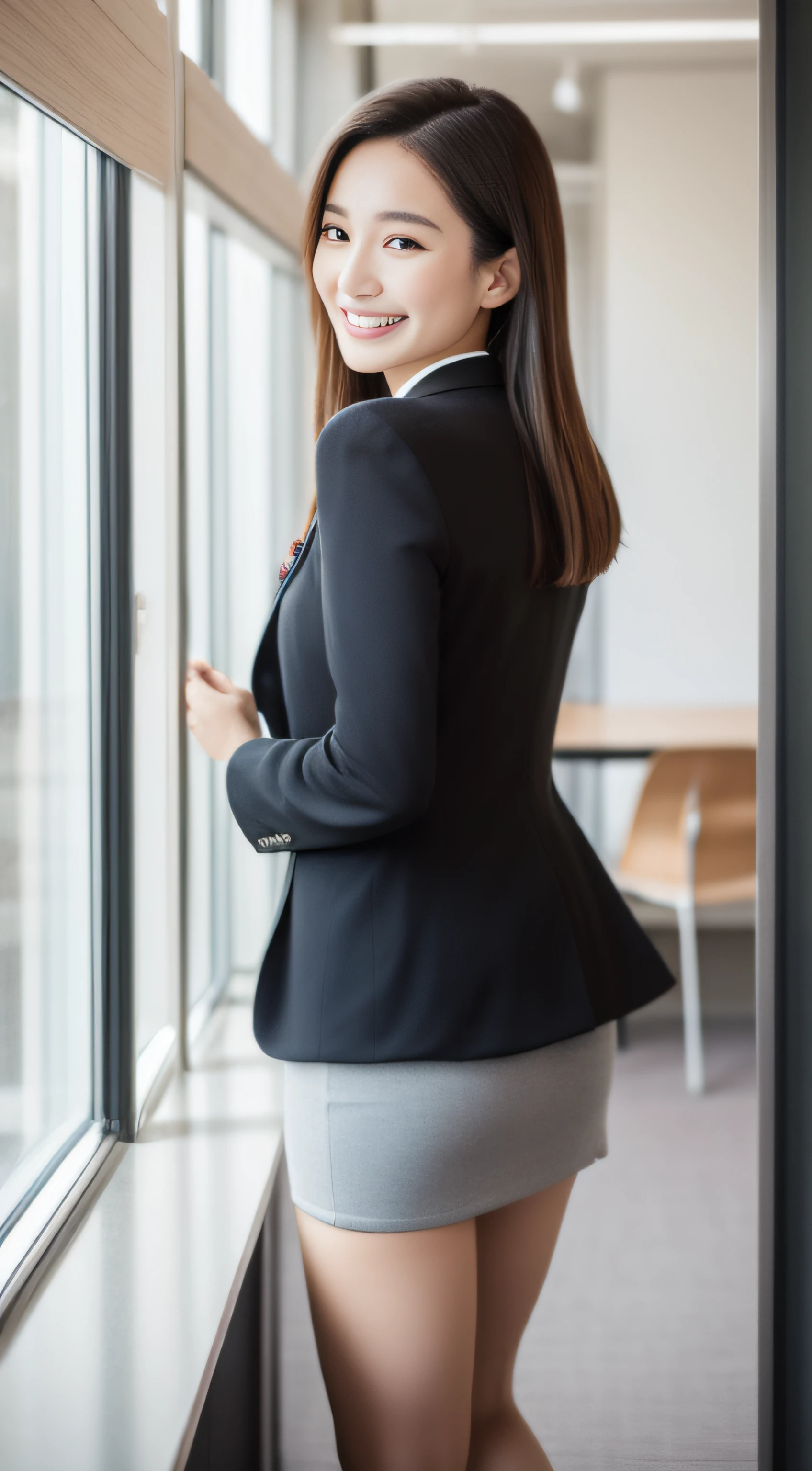 The face is a hostess、business jacket、skirt by the、beauty legs、hiquality、A hyper-realistic、healthy、Smiling expression、Slender perfect figure、Japan beauties、beautidful eyes、face perfect、Beautiful skin、The upper part of the body、s Office、by the window、from the rear