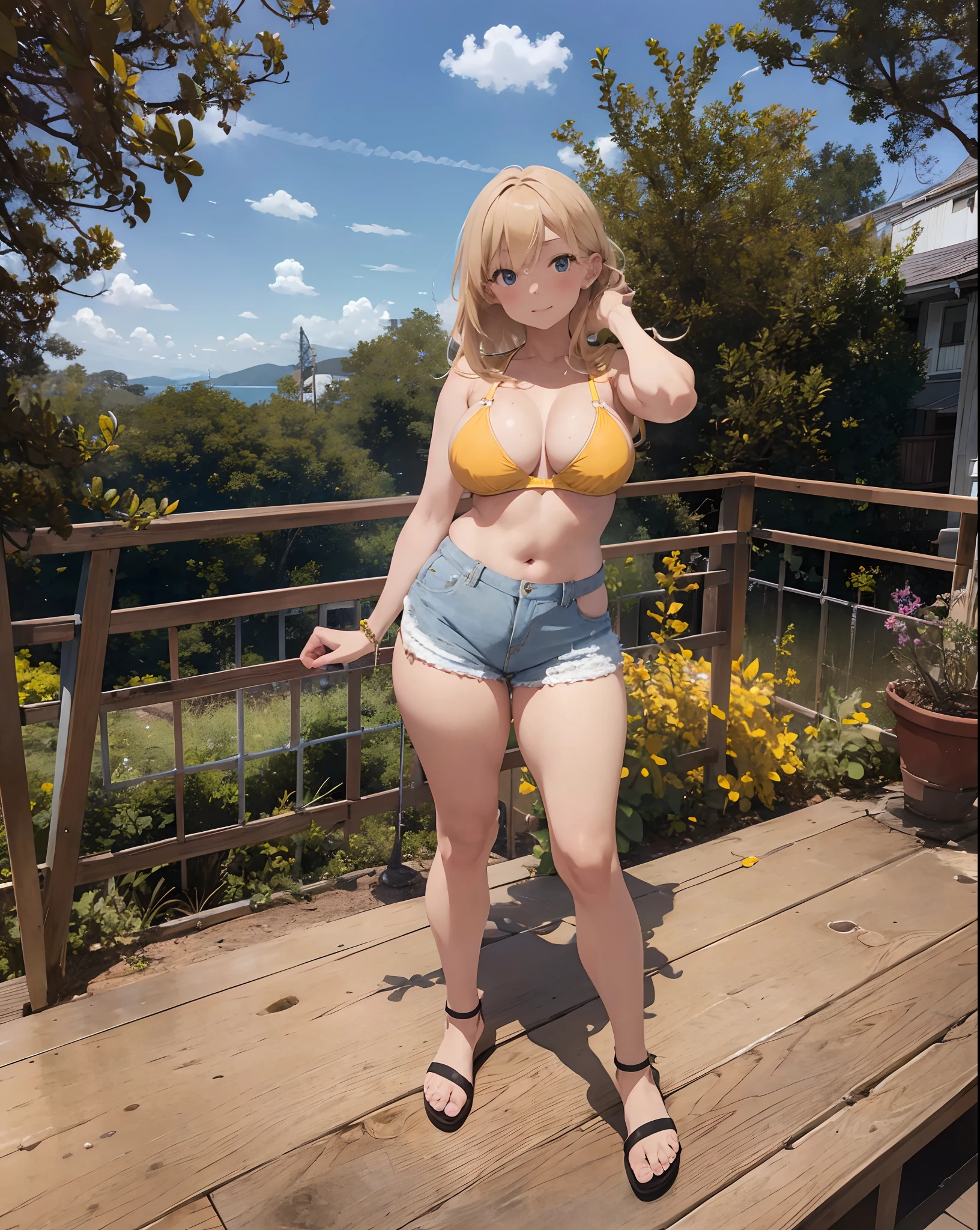 blonde woman, posing for photo on deck, wearing tiny yellow bra, wearing tight and tiny denim shorts, wearing yellow flip-flops, thick legs, big breasts, hard and upturned breasts