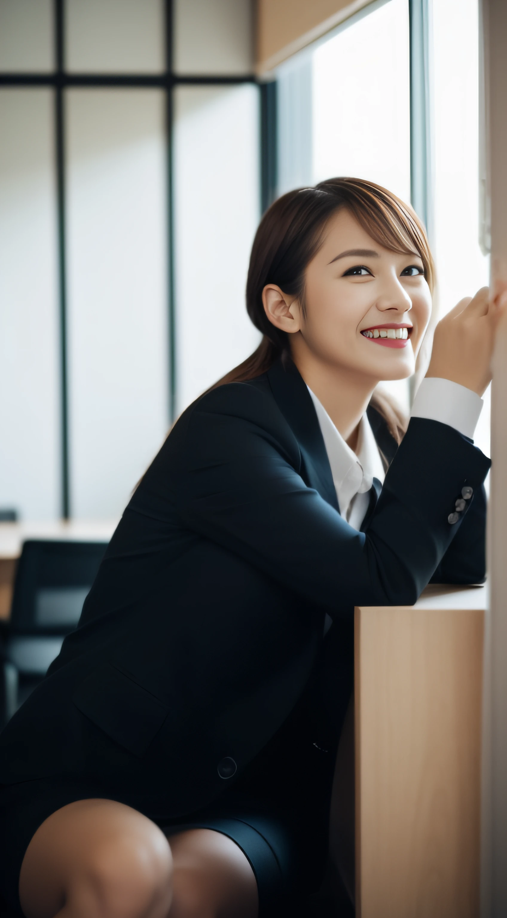 The face is a hostess、business jacket、skirt by the、beauty legs、hiquality、A hyper-realistic、healthy、Smiling expression、Slender perfect figure、Japan beauties、beautidful eyes、face perfect、Beautiful skin、The upper part of the body、s Office、by the window、from the rear