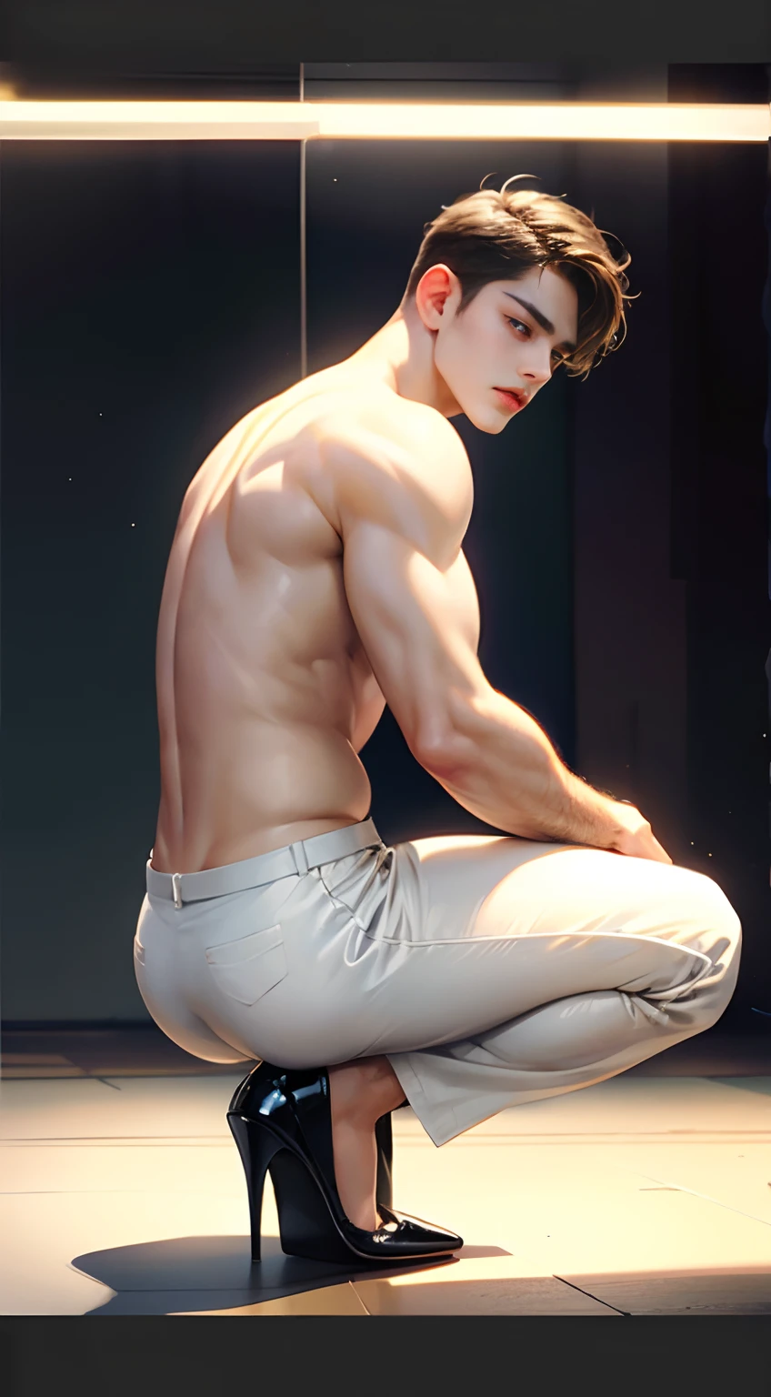 Guy squatting naked, 1man, big juicy bum, high heels