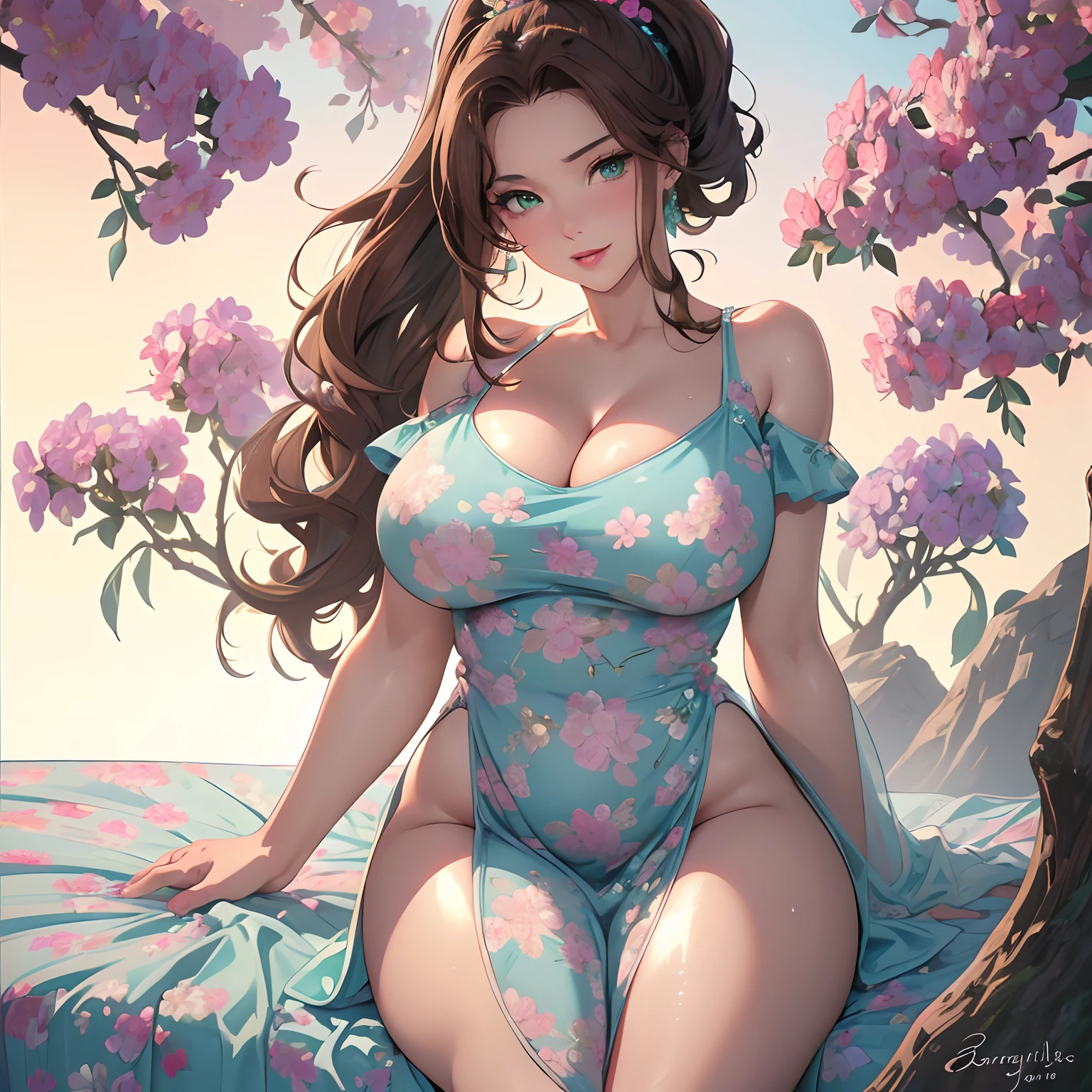 Masterpiece, Best Quality, (((Solo mature woman Janet))), (((Brown hair))), Ponytail, (((wide hips))), (((aqua green eyes))), full lips, seductive smile, cleavage, sitting on bed with white sheets, sunset, blushing, , "beautiful mature face" , age30 , MILF , adult ((purple floral summer dress with pink and blue flowers)), bare shoulder, ((Sexual suggestiveness)), perfect beautiful eyes, detailed eyes. thick lips, ((big boobs)), (Thick thighs), top down, looking down, (((shiny skin))), (((chubby)))