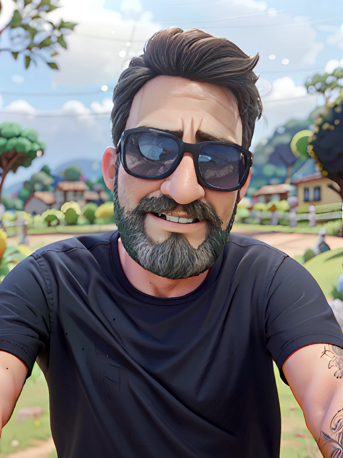 Um homem personagem estilo pixar, com pele branca, com barba e bigode cor castanho claro, cabelo castanho claro corte moicano, Wearing a square frame sunglasses, camiseta preta, sombrancelha grossa,   And in the background green trees