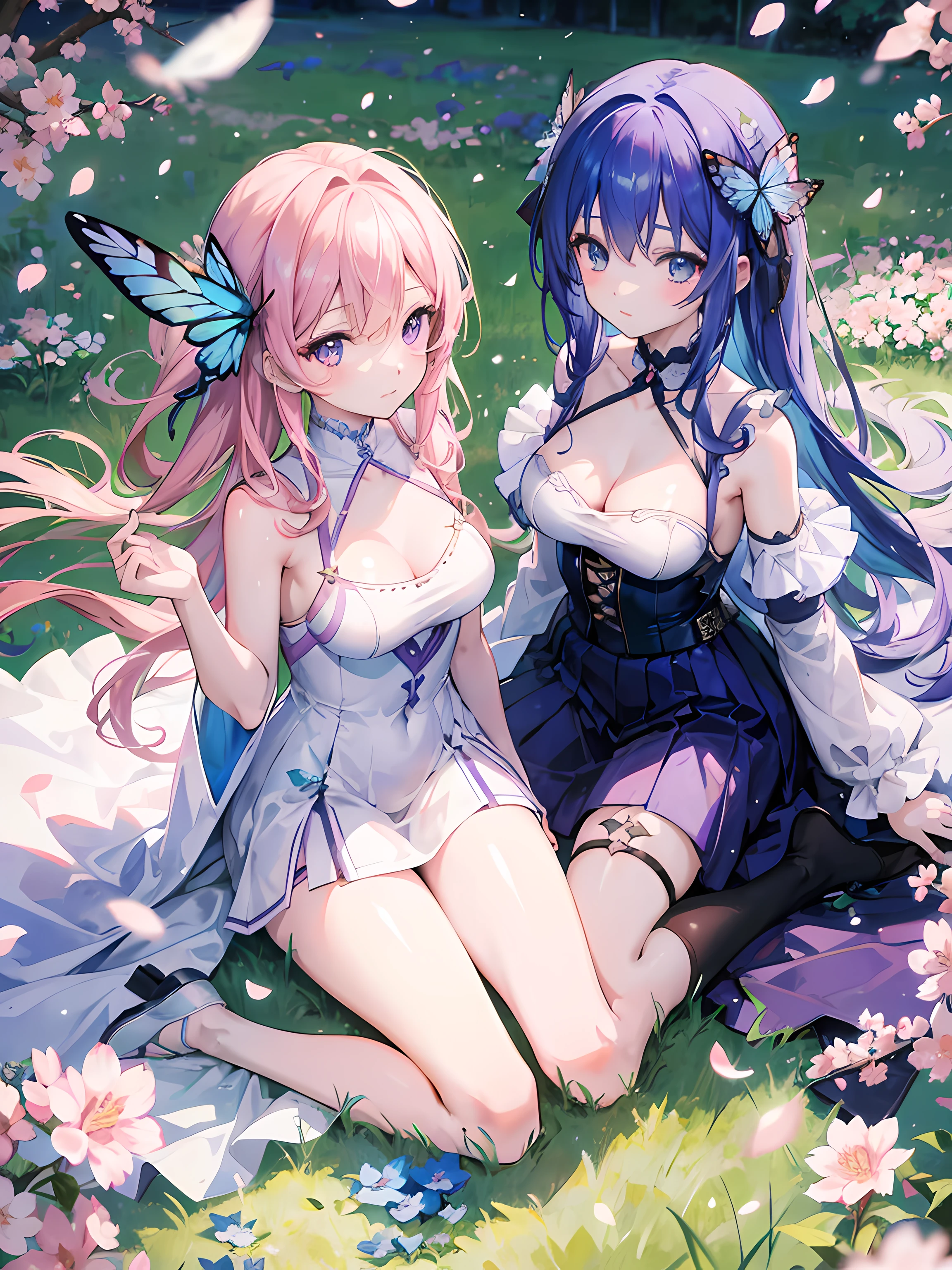two anime girls standing in a field looking up at a blue butterfly, (2girls), white dress, long hair, purple eyes, blue eyes, small breasts, sakura petals, beautiful anime artwork, ultrasharp, masterpiece, high res, 8k