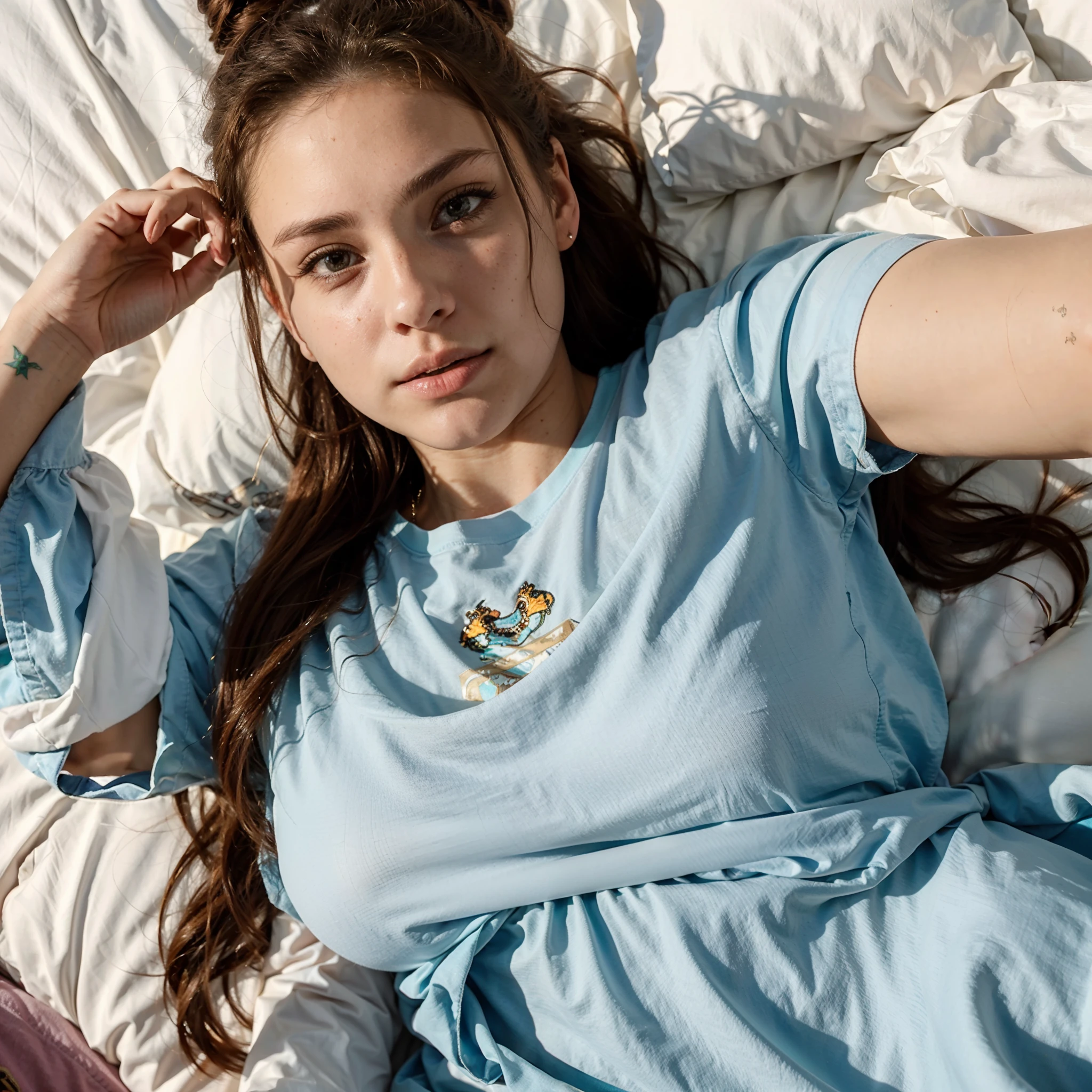 beautiful hot girl named Eliana Cinda. Eliana Cinda is an 18 yo American of Italian origin, hairbun, T-shirt , lying in bed , selfie , front cam selfie,alone , close up face,275078685