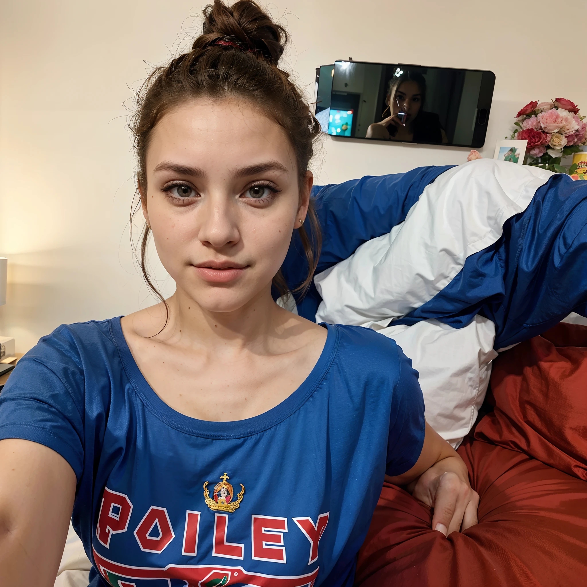 beautiful hot girl named Eliana Cinda. Eliana Cinda is an 18 yo American of Italian origin, hairbun, T-shirt , lying in bed , selfie , front cam selfie,alone , close up face,275078685