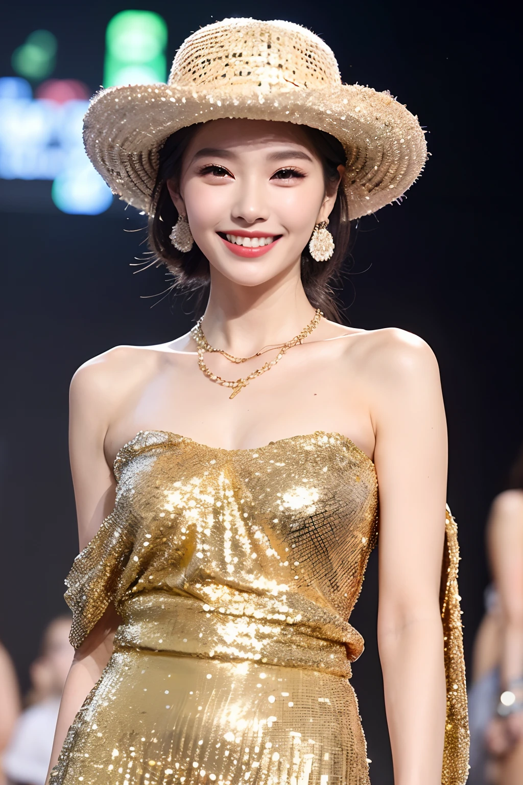 (extra detailed body、extra detailed face、best qualtiy:1.2)、femele、looking at the viewers、(Hats made of large sequin ornaments、Sequins Gold Color、Wacky fashion、a smile、Fancy shoulder-length gold earrings、a necklace、)、(Fashion Show Venues)