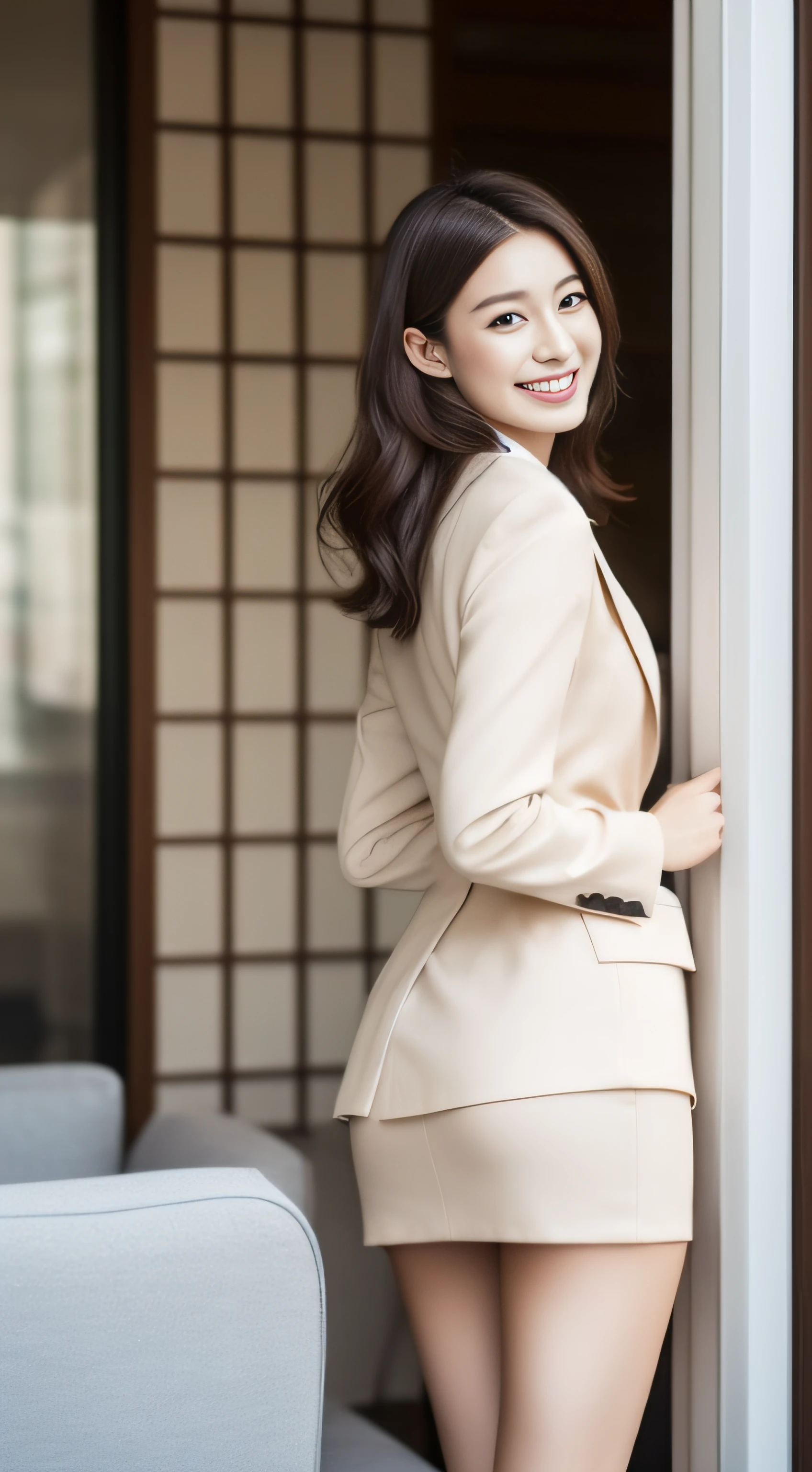 The face is a hostess、business jacket、skirt by the、beauty legs、hiquality、A hyper-realistic、healthy、Smiling expression、Slender perfect figure、Japan beauties、beautidful eyes、face perfect、Beautiful skin、The upper part of the body、s Office、by the window、from the rear