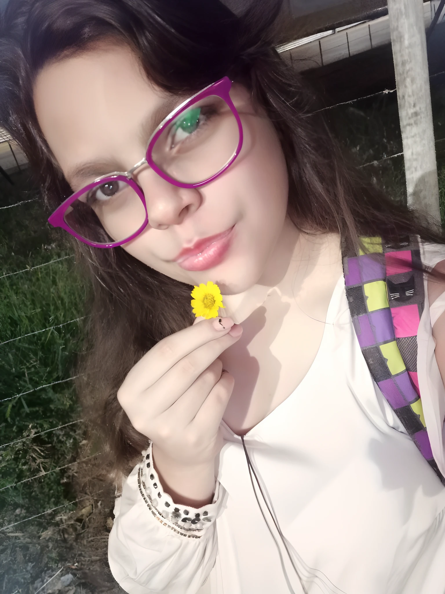 Woman with glasses holding a flower in front of her face, com flores, segurando uma flor, imagem de qualidade muito baixa, With eye Glasses, girl with glasses, foto de baixa qualidade, fernanda suarez, segurando margarida, flor!!!!, qualidade muito baixa, Simon Hollosy, qualidade muito baixa, Alanis Guillen