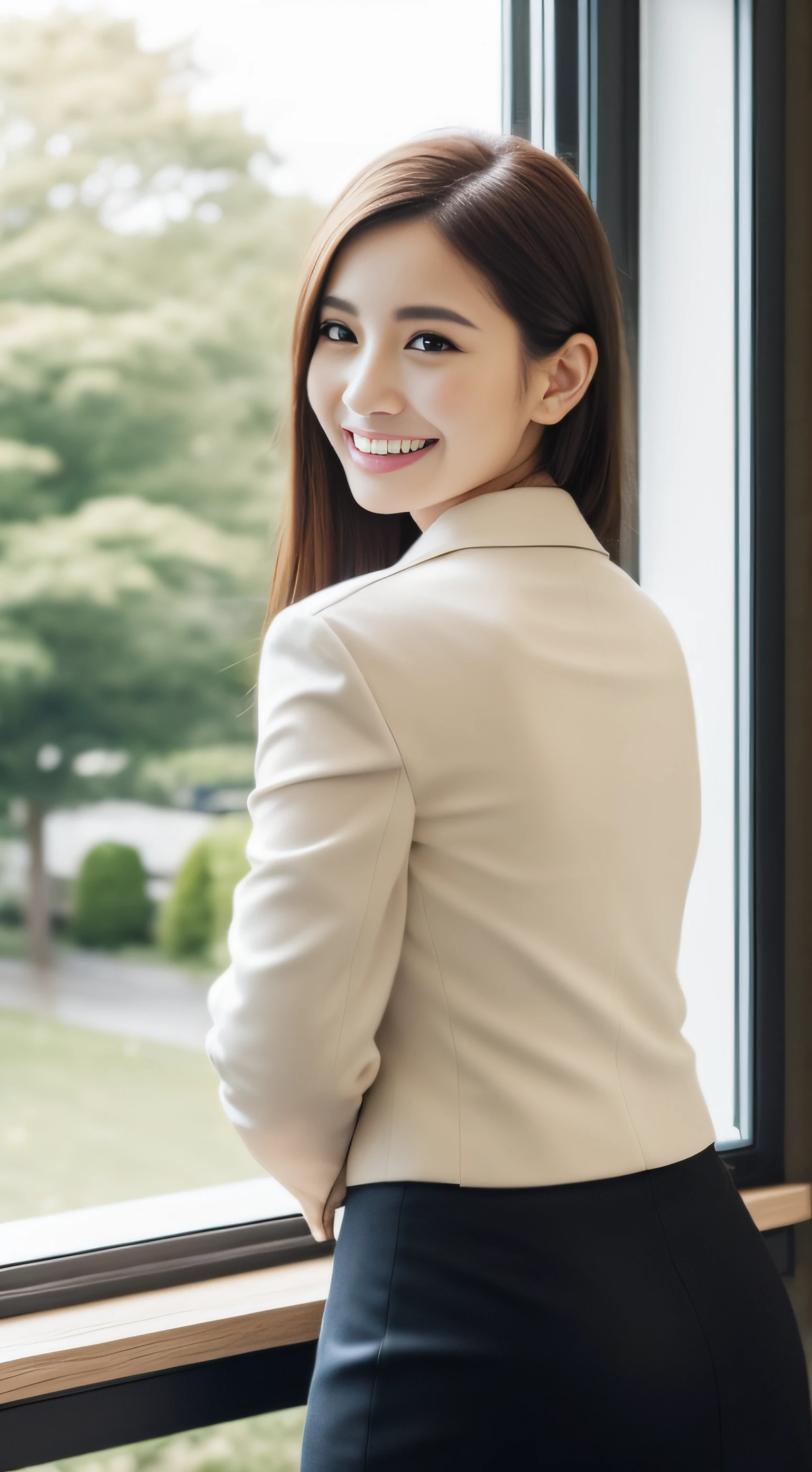 The face is a hostess、business jacket、skirt by the、beauty legs、hiquality、A hyper-realistic、healthy、Smiling expression、Slender perfect figure、Japan beauties、beautidful eyes、face perfect、Beautiful skin、The upper part of the body、s Office、by the window、from the rear