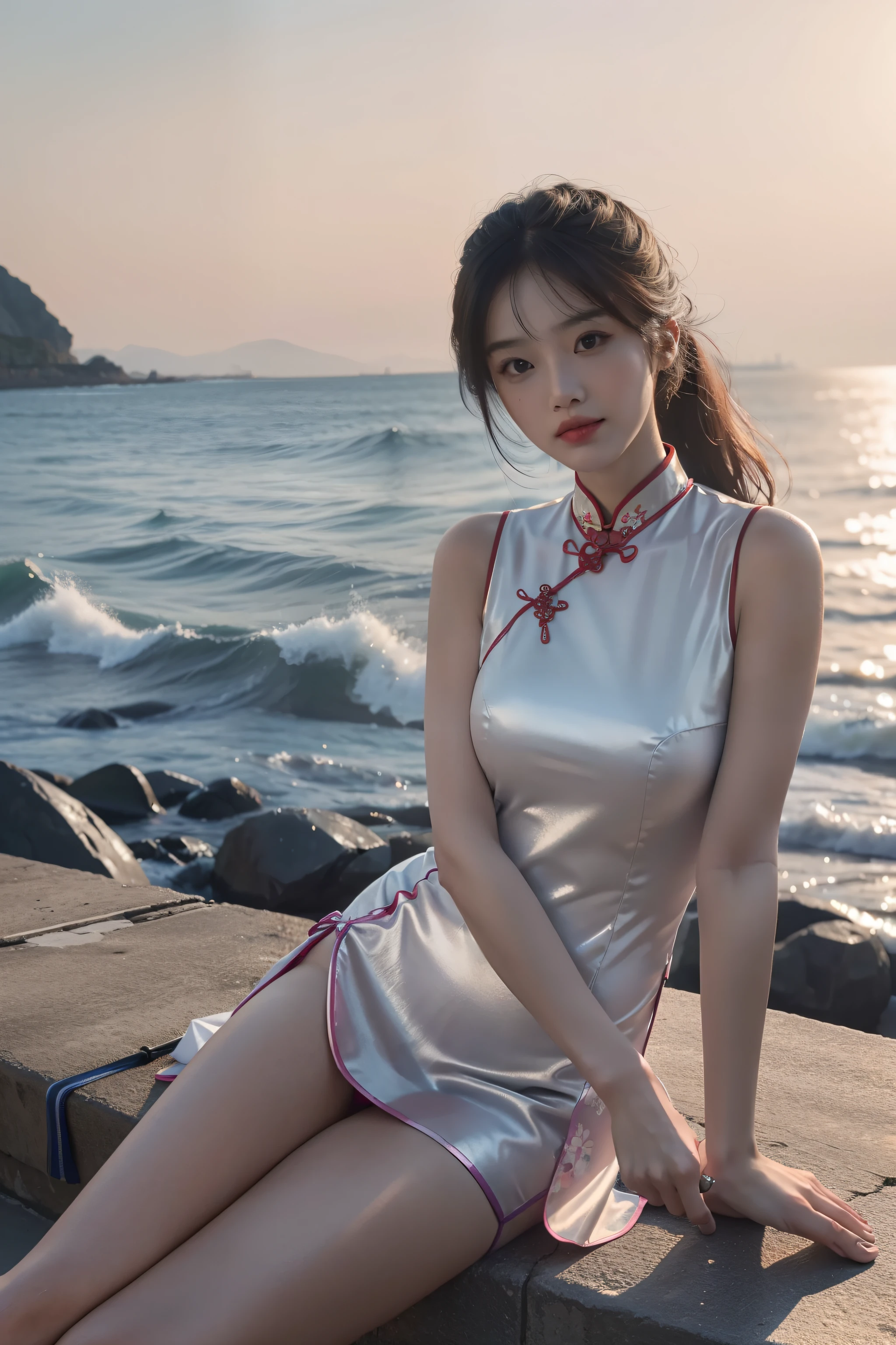 (full bodyesbian:1.5),(1girll:1.3),(view the viewer:1.4),(anatomy correct:1.4),(Sitting by the sea:1.2),(wearing cheongsam:1.2),(Accurate and perfect face:1.3),(Long legs:1.3),hyper HD, Ray traching, reflective light, structurally correct, Award-Awarded, High detail, Fade-in and fade-out shadow contrast, Face lighting ,Cinematic lighting, Masterpiece, super detailing, High quality, High detail, Best quality, 16k,High contrast,