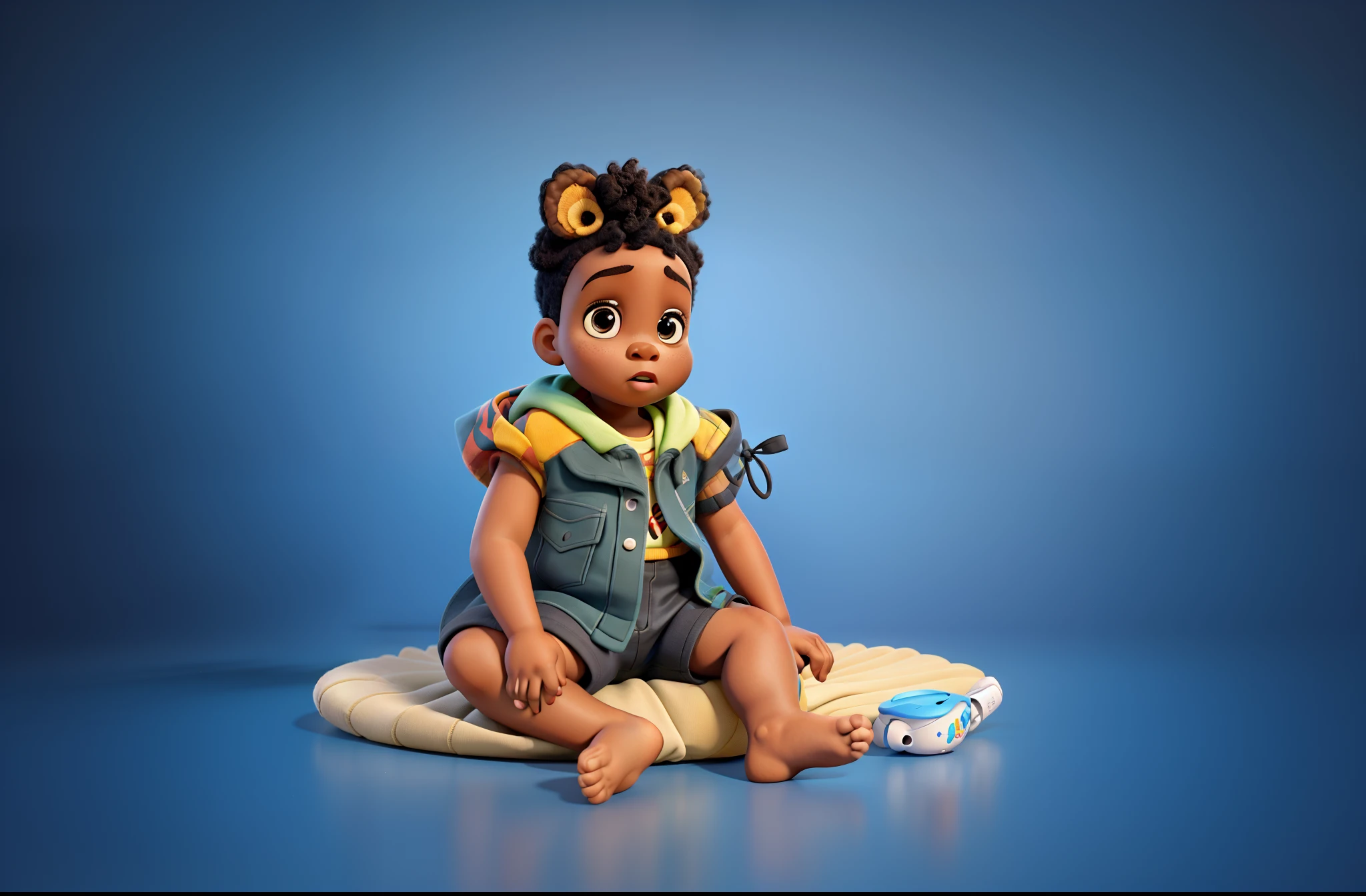 A black baby sitting in the Disney Pixar style photography studio high quality best quality