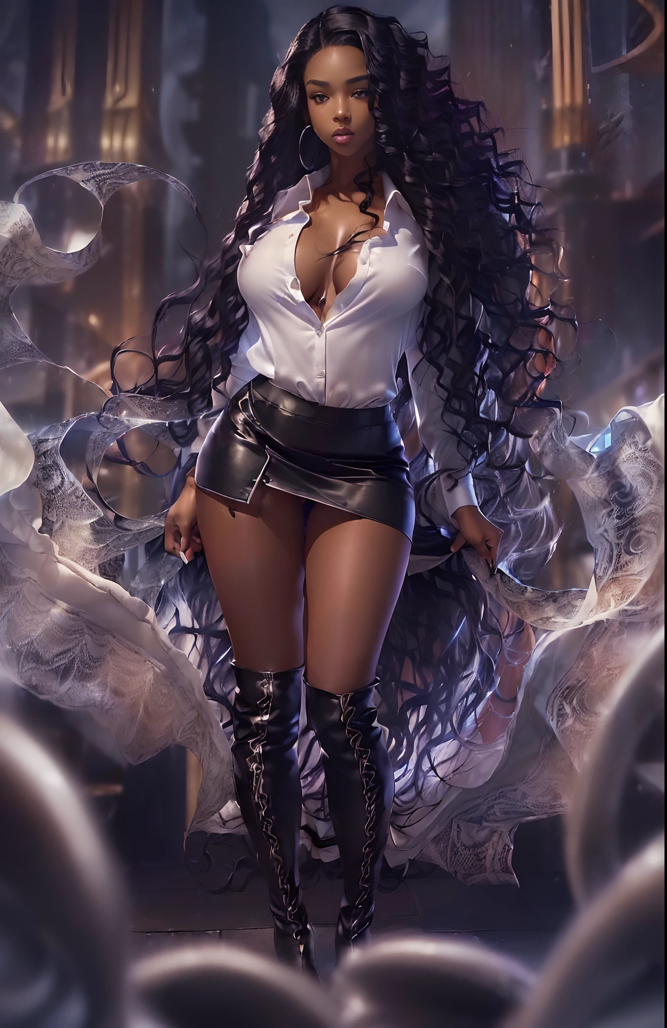 ((21-year-old))) black girl, (((light skin))),  (((close-up full body pose))),  (((long wavy black hair))), high heel boots, (((silk thigh highs))), (((wearing sexy business skirt, white shirt))), dark fantasy art, Rich, Deep Colours, (intricate details:0.9), (HDR, hyper-detailing:1.2), (natural skin textures, hyper realisitc, soft light, Sharp),