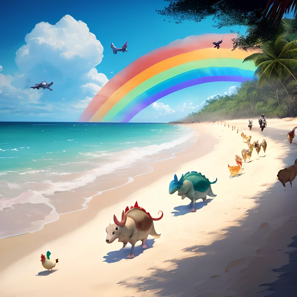 A rainbow flying triceratops chasing basset hounds and chickens while sea turtles watch wearing sunglasses on the beach