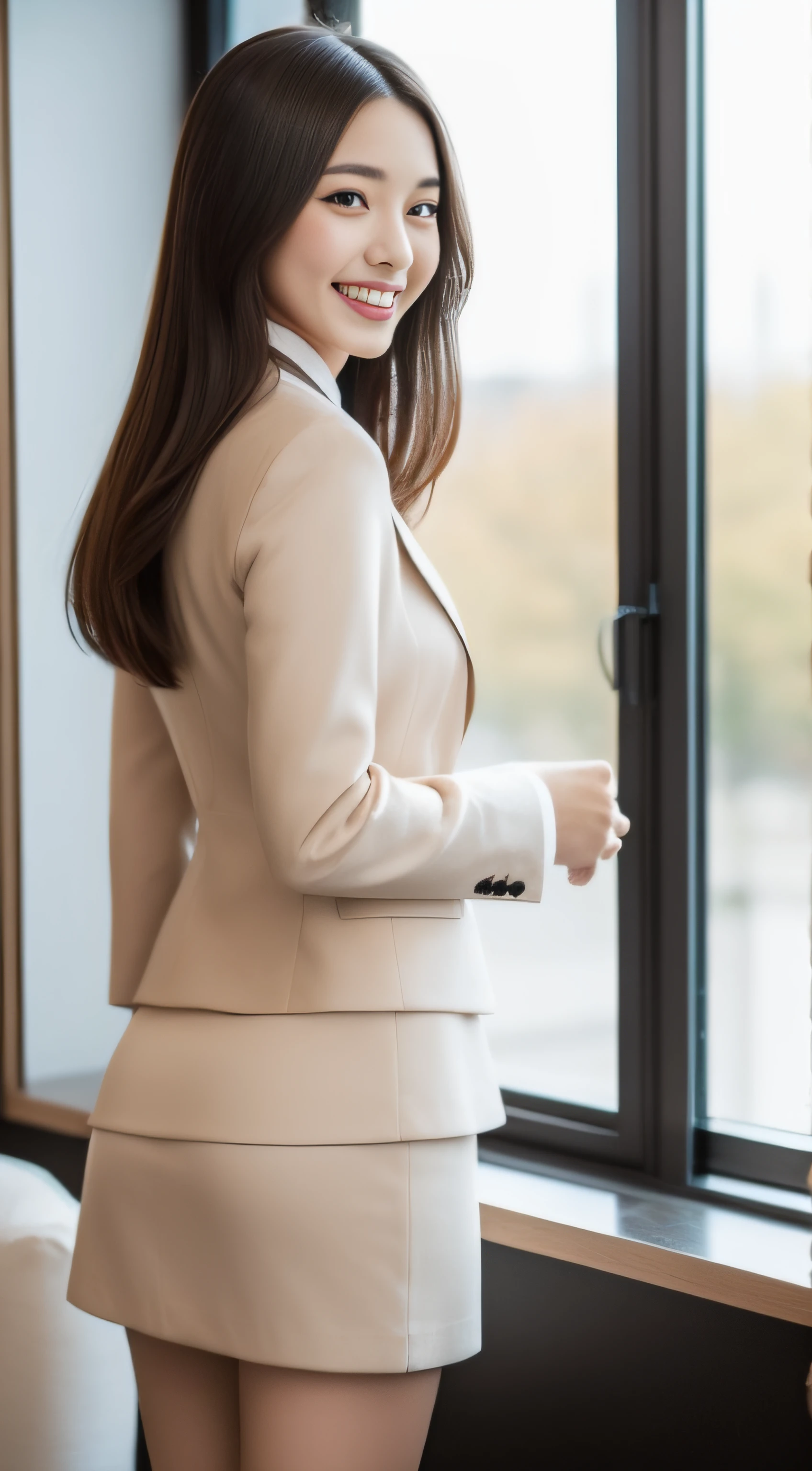 The face is a hostess、business jacket、skirt by the、beauty legs、hiquality、A hyper-realistic、healthy、Smiling expression、Slender perfect figure、Japan beauties、beautidful eyes、face perfect、Beautiful skin、The upper part of the body、s Office、by the window、from the rear