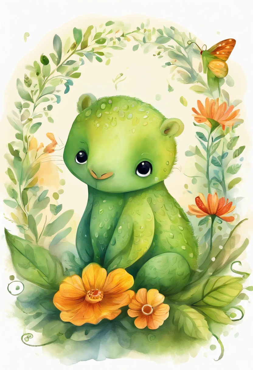 adolable,drak,Babe,Green scales,large round eyes,little wings,Small paws,Naughty expression,is sitting on a rock,Surrounded by flowers,forest backgrou,rays of sunshine,cheerfulness,magical,fanciful,whimsically,Vibrant colors,A detailed,adolable,friendliness,Fantasy creatures, Character design, sticker design, Drawing numbers cute, beautiful detailed digital art, colorful kids book illustration, beautiful digital art, children's book illustrations, children's book illustrations, (drak), cute illustration, cute storybook illustration, children's book illustrations, children's book illustrations, children's book illustrations, A beautiful artwork illustration, Separate from the white background