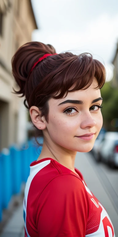Photo of a 15-year-old European girl, .RAW, beautiful woman , pecas en mejillas  (Light brown hair ponytail), Light brown hair ponytail ,((retrato)), ((Cara detallada:1.2)), ((Detailed facial features)), (Piel finamente detallada), Pale skin,parque, Noria de Londres、uniforme deportivo color blanco con rojo , camisa de manga larga color blanca con mangas rojas , senos medianos ,shorts ajustados color rojo , calzado deportivo blanco、Un sexy(cool color), humid, humid, Reflectores, (Masutepiece) (proporciones perfectas)(fotos realistas)(La mejor calidad) (Detallado) fotografiado con una EOS R5 de Canon, Lente de 50 mm, f/2.8, NffSW, (8k) (papel tapiz) (cinematic lighting) (Dramatic lighting) (foco nítido) (Enrevesado) ,gran sonrisa , Volleyball, campo deportivo