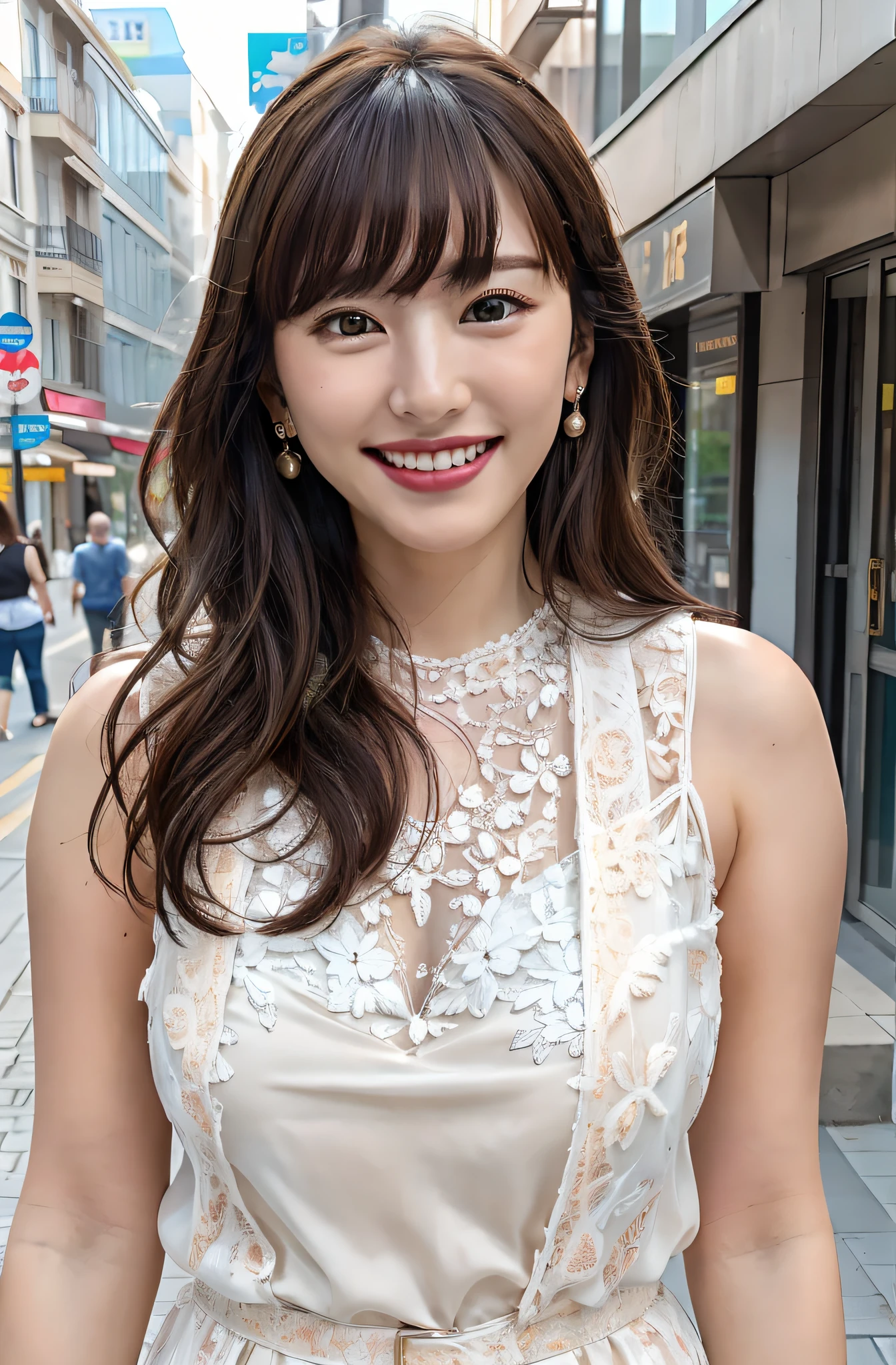 Best quality, masterpiece, ultra high res, (photorealistic:1.4),highly detailed,professional lighting,
(smile:1.2),(parted bangs)
large tits,
summer clothes,dating
street background,field of depth,walking,from front