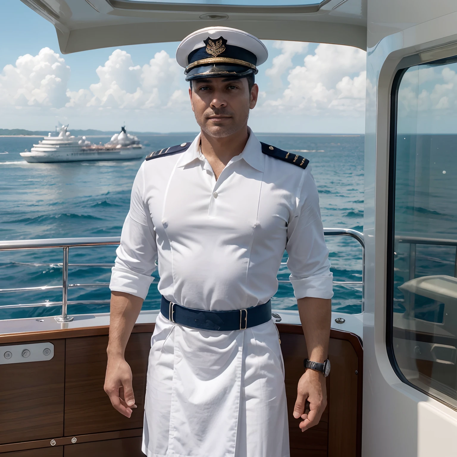 A bordo de um grande navio de cruzeiro, surrounded by azure waters, We find the commanding presence of a charismatic captain. he stands prominently in the foreground, exuding strength and determination. with meticulous attention to detail. A imagem captura o brilho quente do sol poente. Dressed in a crisp white navy uniform, the captain's authority is emphasized by golden embellishments that catch the light.In the background, the opulent cruise ship elegantly navigates the waters, seu design branco elegante complementado por luzes de deck vibrantes. A cena retrata uma atmosfera de meio de viagem, where the captain takes charge of the mighty vessel, incorporando um senso de aventura e poder. The realistic rendering of this image ensures that the captain's attire is complete, with the white navy uniform tailored to perfection, mostrando profissionalismo e autoridade, mantendo-o totalmente vestido., Super Detai