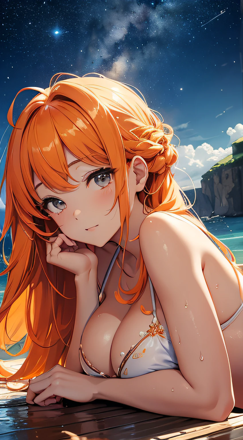 masterpiece、Massive landscape((natta、Mysterious starry sky、Meteor swarm、sea side))、orange color hair、a beauty girl、huge tit、Delicate embroidery on a transparent white bikini、Farbe々Pose、Wet hair、Body is wet、perspiring、lying back、Looking up、Hair is tied up