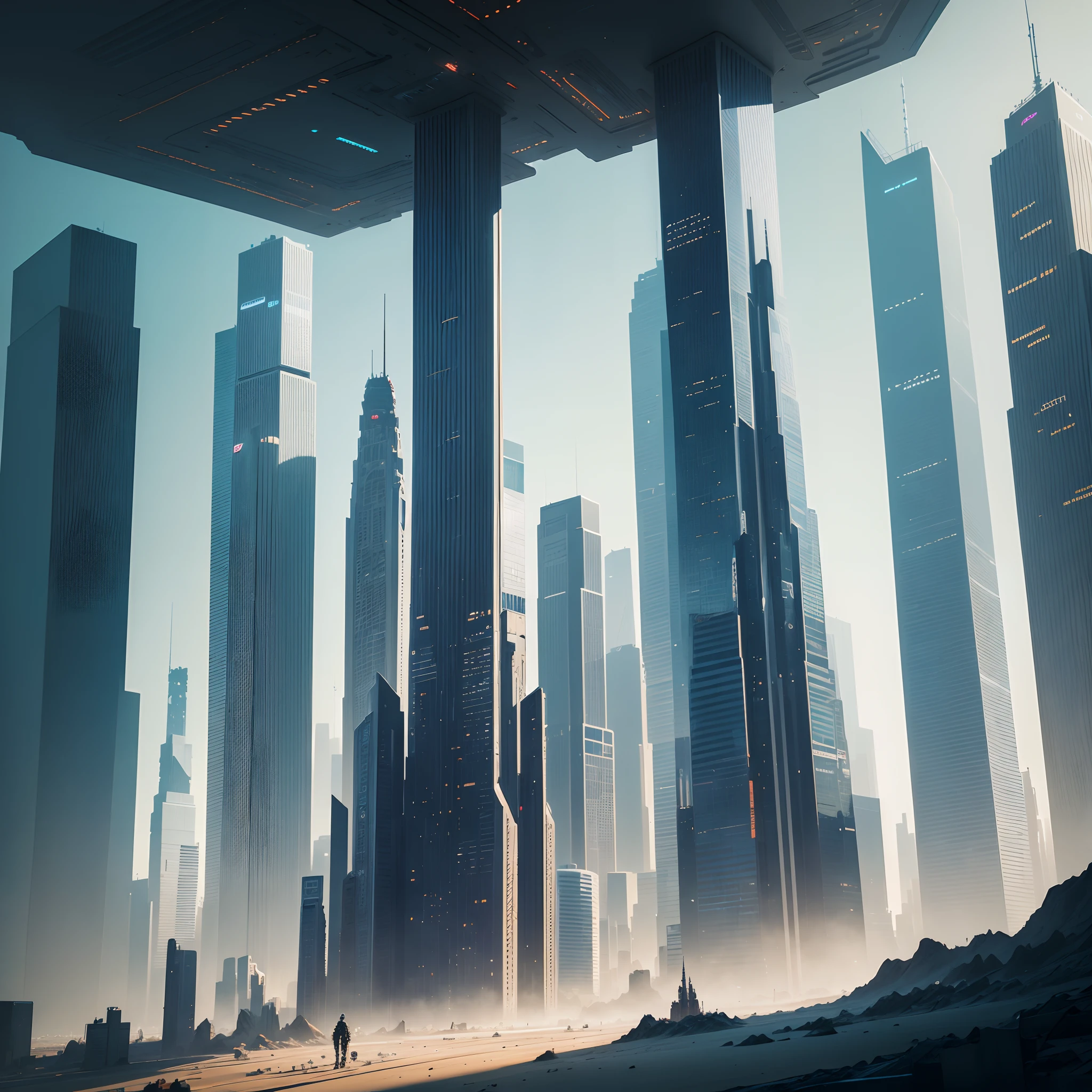 Futuristic skyline with skyscrapers,cyberpunked,超A high resolution,planet earth,masterpiece,100 times the height of the building,Glass skyscraper,SFart by,A world far beyond the imagination of mankind,dream,