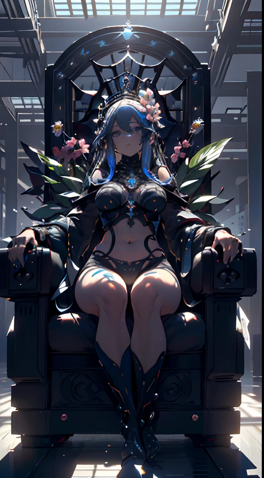 (1girll:1.4),arte de terror, Funk, Unity 8k wallpaper, Ultra detailed, Beautiful and aesthetic, Masterpiece, Best quality, (zentangle, mandalas, Tangled, entangle) Intricate, Highly detailed, art stations, behans, Anart has a biomechanical style,The beauty of illustration, Full body like,Huge bust,long leges,sitting on an royal throne,with a well-proportioned body, Extremely colorful,Blend into the body, Acrylic bubbles and flowers, Ferrofluids, Water deformation. Looking up, intricate abstract. Obras de arte intrincadas. beeple. A mixture of organic and mechanical elements, Futuristic, scybernetic, Detailed, Intricate, Dark theme, (in awe:1.2), self-assured, (Surprised:0.7), Natural skin, Stan Manukian(Stan Manukian)style of,Unbiased physically based rendering, Natural lighting, Soft shadows, Very high resolution detail, Photogram, Realism is pushed to the extreme, Fine texture, 4K, Ultra-detailed, High quality, High contrast,Expose off your underwear,revealing her belly,