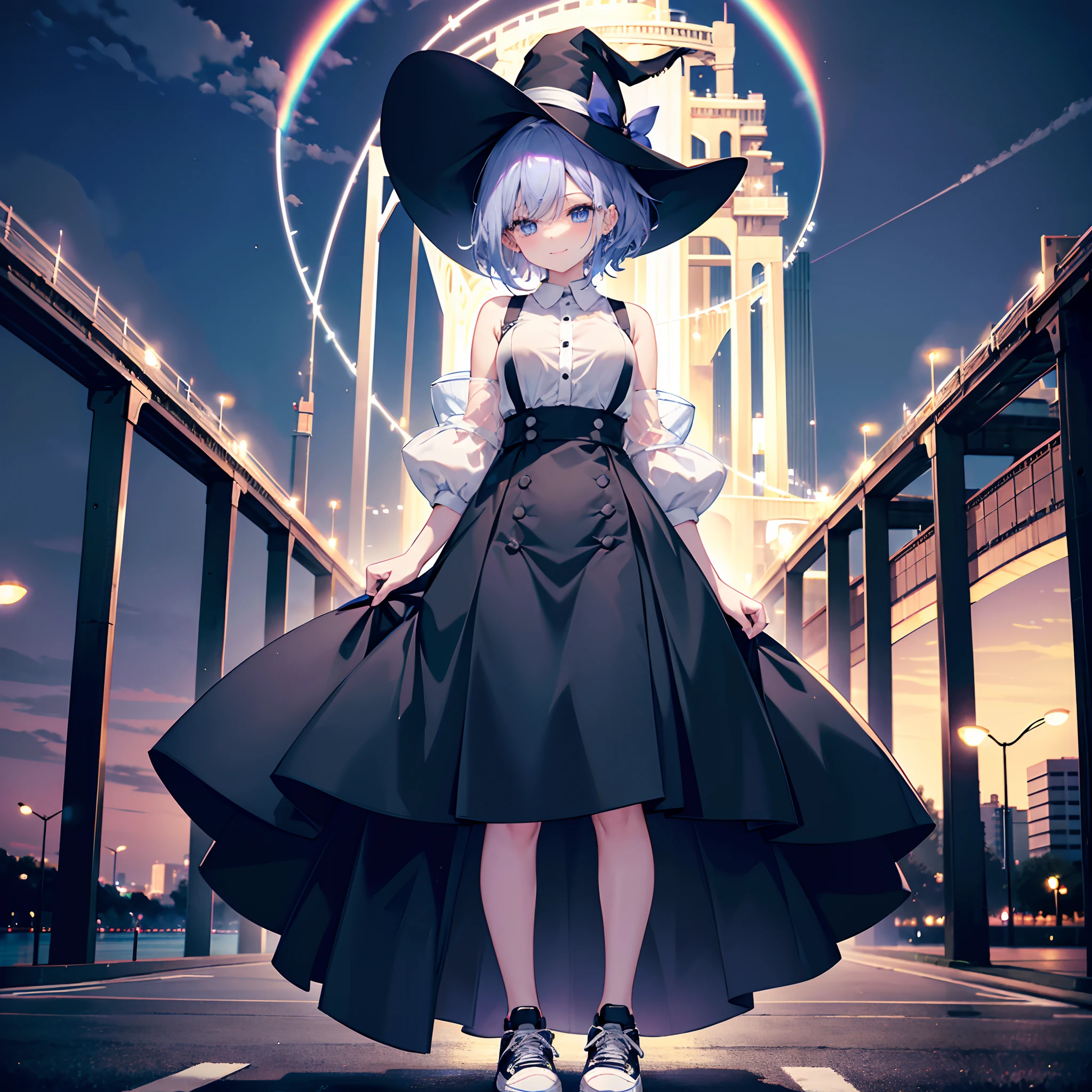 This is a park in Odaiba late at night、You can see the Rainbow Bridge behind you、One 27-year-old woman with small breasts、She wears a large black witch hat with sapphire accessories、White medium shorthair with blue-purple mesh、Looking at me with a smile、Blue eyes with highlights、Black long coat、White camisole、Black Midi Skirt、Black sneakers with white shoelaces、small tits、discreet breasts、hiquality、High Details、high-level image quality、4K picture quality、beatiful backgrounds