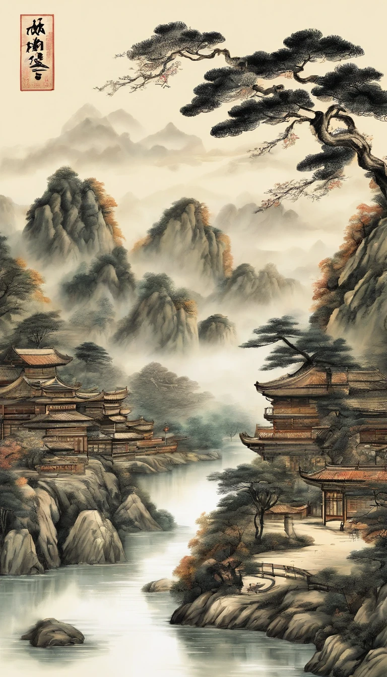 A painting of mountains with rivers and villages, Chinese painting style, inspired by Huang Binhong, Traditional Chinese Ink Painting, Chinese ink painting, Traditional Chinese painting, Traditional Chinese art, inspired by Zhang Shunzi, Chinese landscape, China ink painting, Chinese painting, inspired by Wang Shishen, Inspired by Zhang Daqian. There is a gold calligraphy font on the top