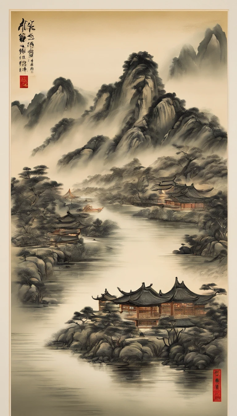 Chinese landscape painting,ink and watercolor painting,water ink,ink,Smudge,Faraway view,Ultra-wide viewing angle,Meticulous,Light boat in the distance,Faraway view,Meticulous,Smudge,low-saturation,Low contrast,The light boat has crossed the Ten Thousand Heavy Mountains,Beautifully depicted,A detailed,acurate,Works of masters,tmasterpiece