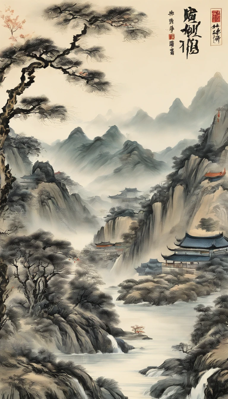 A mountain painting with a river and a village, Chinese painting style, inspired by Huang Binhong, Traditional Chinese Ink Painting, Chinese ink painting, Traditional Chinese painting, Traditional Chinese art, inspired by Zhang Shunzi, Chinese landscape, China ink painting, Chinese painting, inspired by Wang Shishen, inspired by Chang Dai-chien, The top is printed with a gilded calligraphy lettering