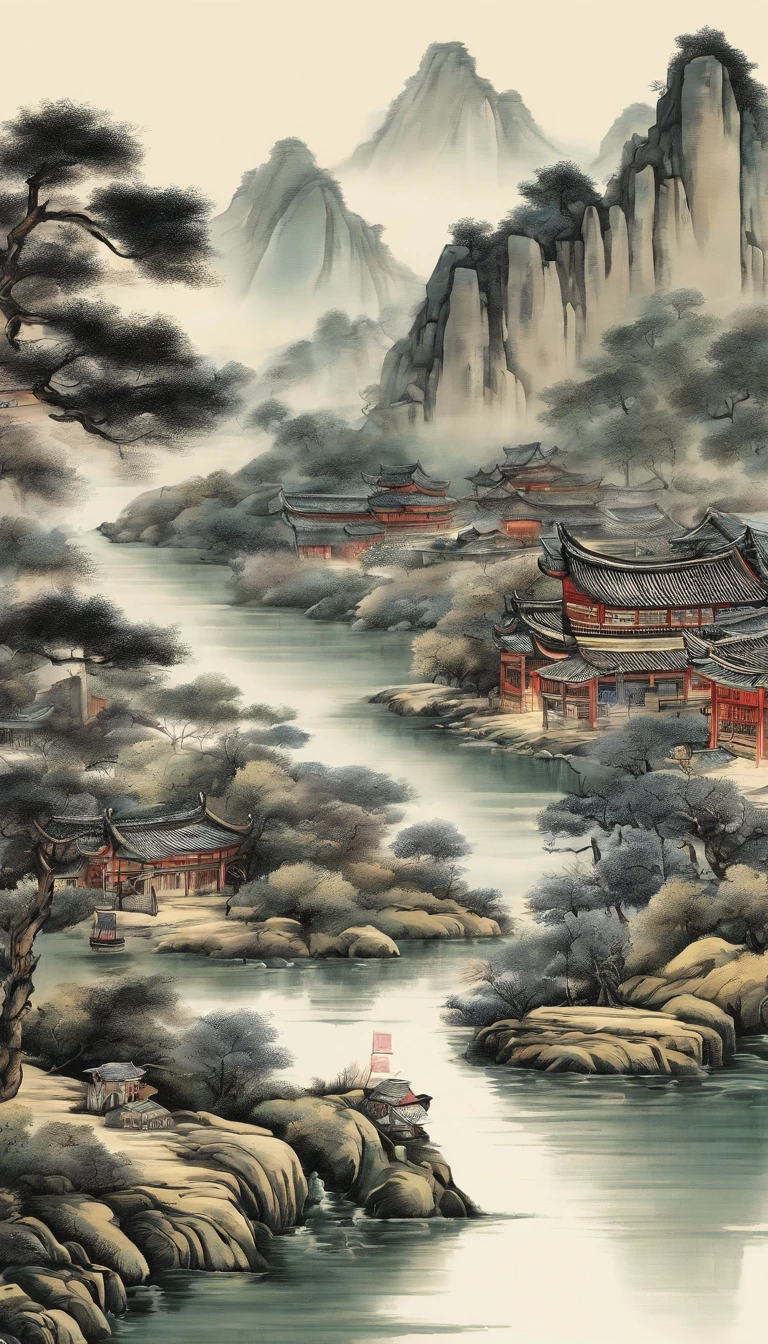 A mountain painting with a river and a village, Chinese painting style, inspired by Huang Binhong, Traditional Chinese Ink Painting, Chinese ink painting, Traditional Chinese painting, Traditional Chinese art, inspired by Zhang Shunzi, Chinese landscape, China ink painting, Chinese painting, inspired by Wang Shishen, inspired by Chang Dai-chien, The top is printed with a gilded calligraphy lettering