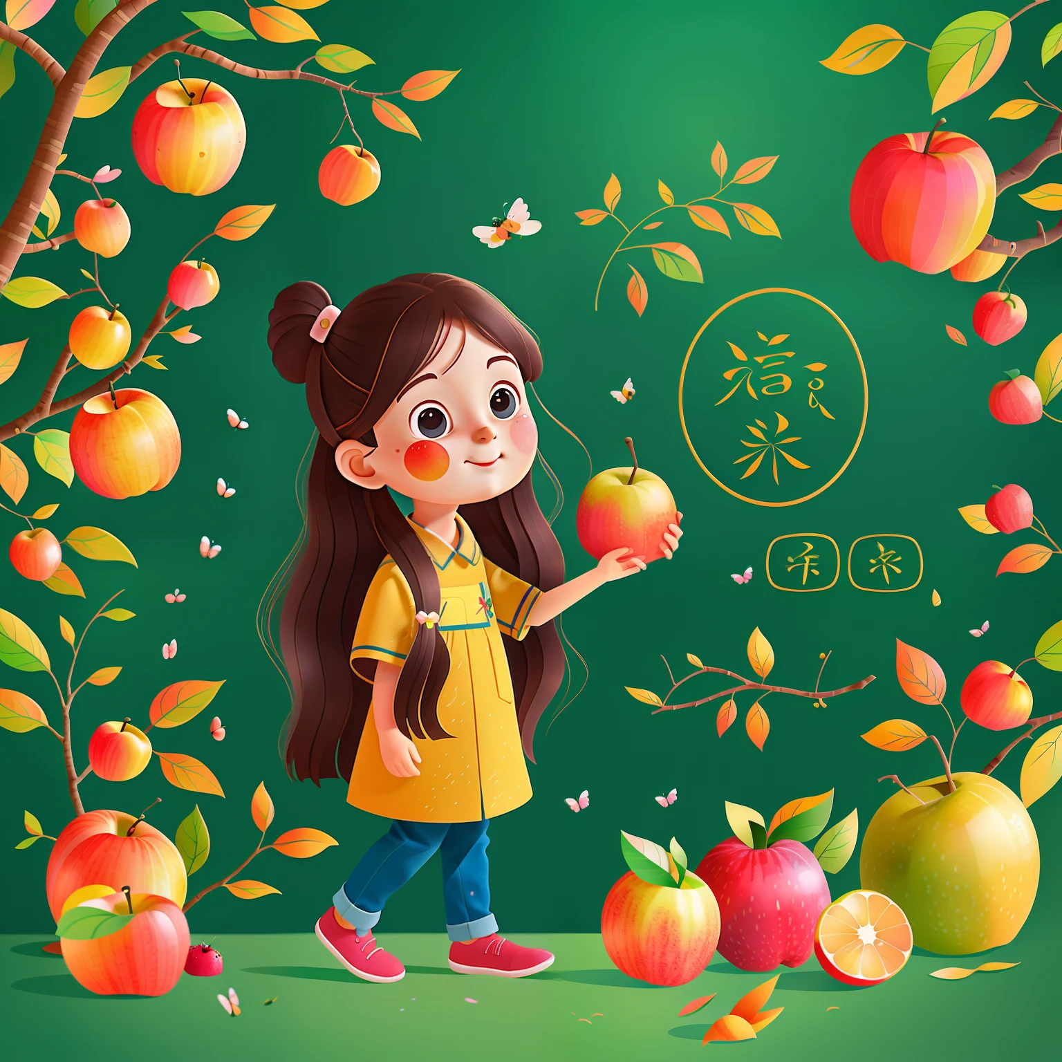 Long-haired girl，orchard，Fruit，blossoms，equation，blackboards，O logo，vectorial，Line art，designs，Inspiration，straight line，对称