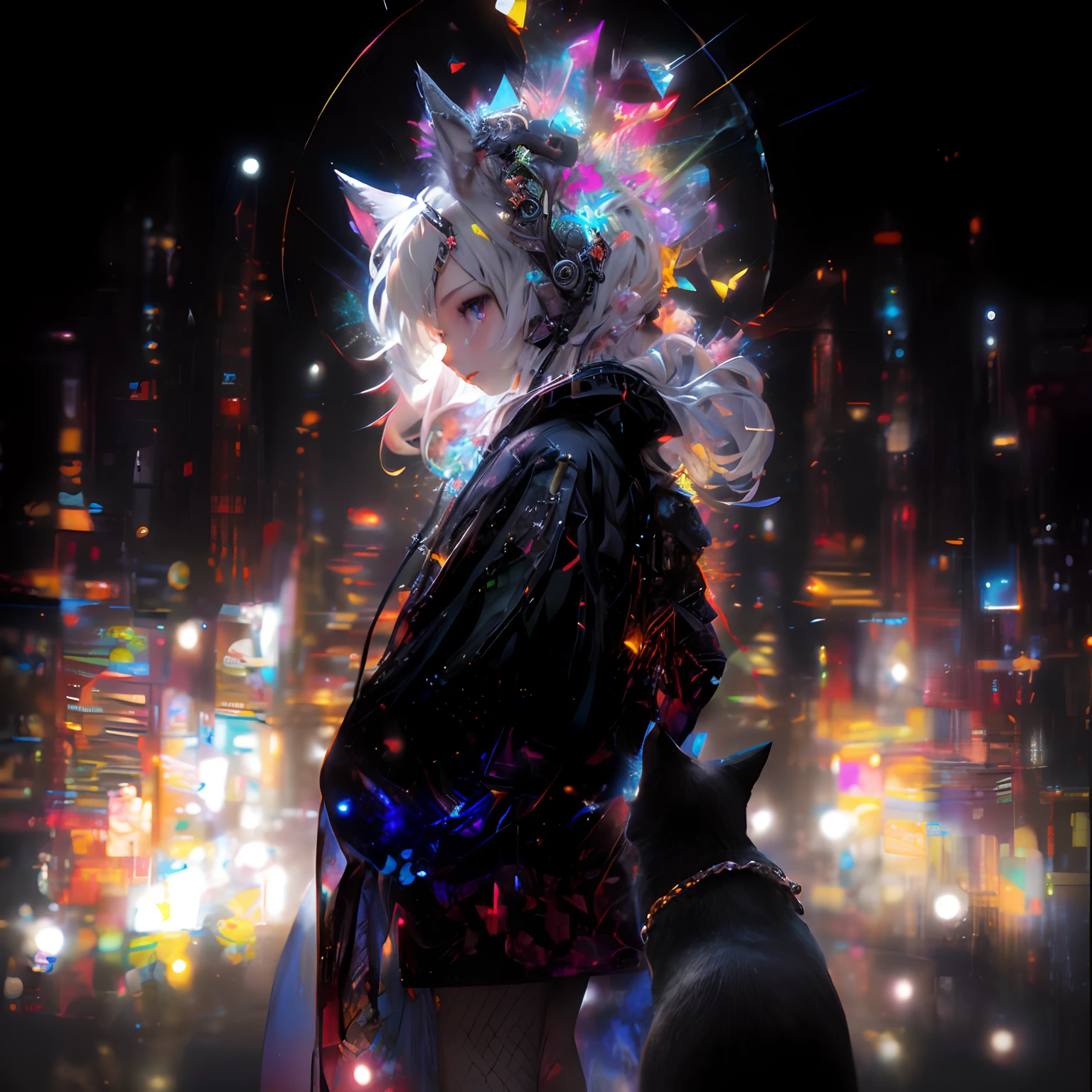 Onegirl、Super masterpiece、Insanely detailed infographic drawings、neons 、Glitter cat ears、Blonde Girl Cyberpunk Vast Photography Breaktree Production Art、Fractal Art 、Lots of black and silver、Intricate purple details、Volumetric lighting、BREAK Realism(​master piece: 1.2) , (Top image quality), 4K, The ultra-detailliert, (dynamic compositions: 1.4), high detailing, Colorful Detail, (Irridescent color: 1.2), (Bright lighting, Atmospheric lighting), dream-like, Magical, (独奏: 1.2)