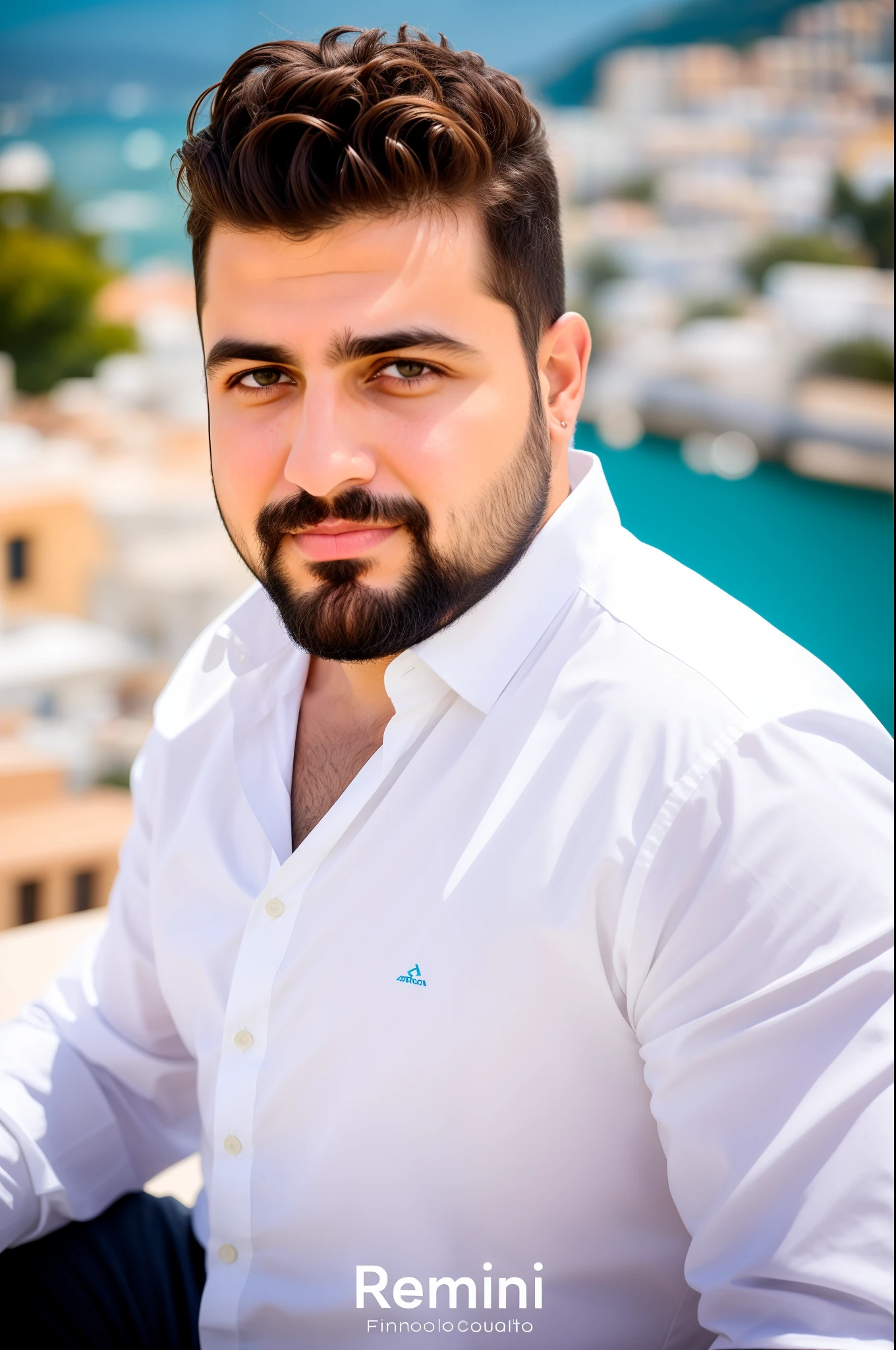Arafed man with beard and white shirt sitting on a ledge, Condutor de Ene, George Doutsiopoulos, Elias Chatzoudis, Retrato no meio da foto, Alexandros Pyromallis, inspired by Matteo Pérez, foto de perfil profissional, Raphael Personnaz, Hicham Habchi, inspirado em Demetrios Farmakopoulos, retrato profissional close-up