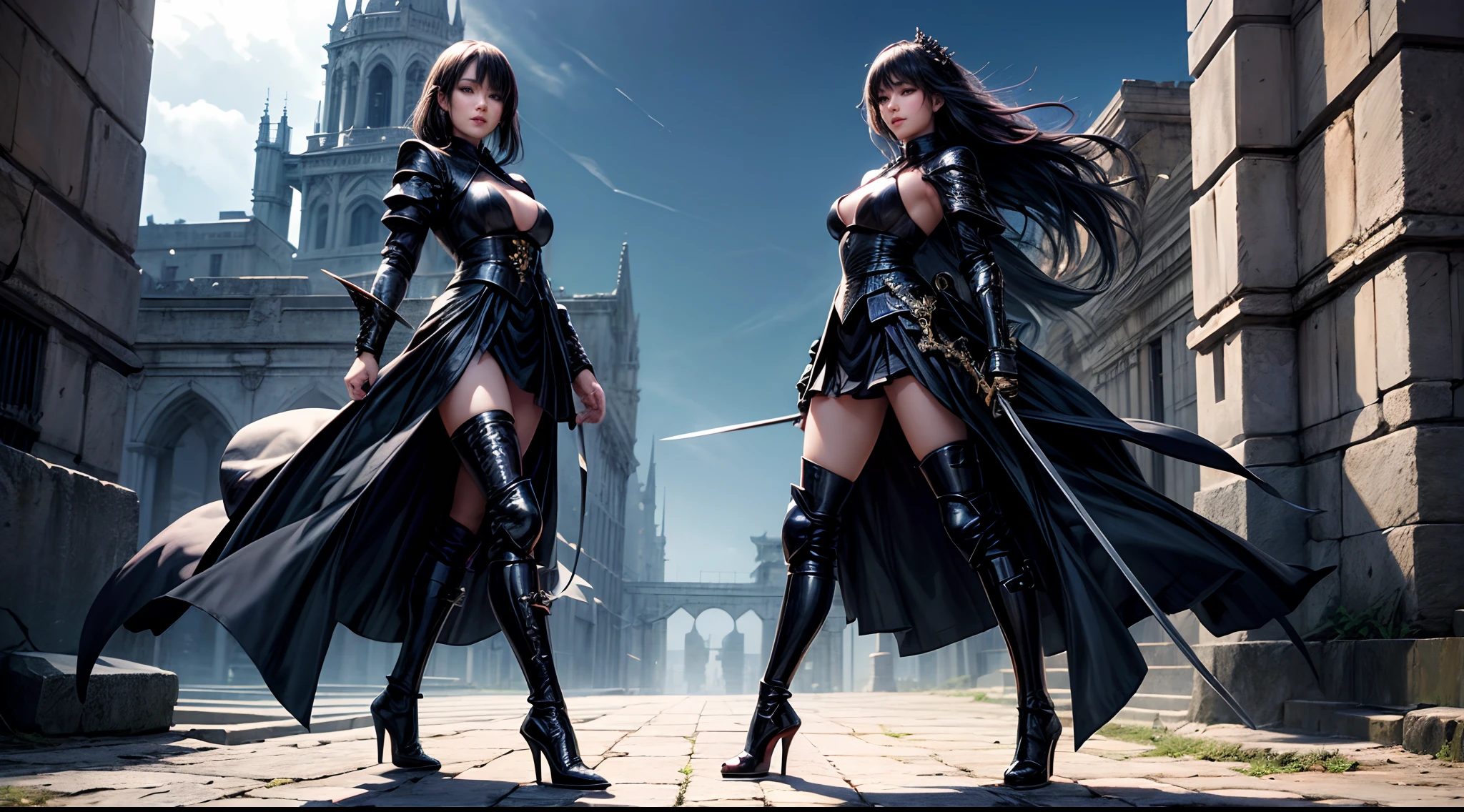 2girls,beautiful women, 30yr old,Japanese,Black dress Armor,pointed toes high heels boots,Full body portrait,Slim body,holding swords,robe,Manteau,Perfect face and nice perfect face, smile,Surreal concept, 8K resolution, photographic quality, Walk through the ruins, Photorealistic,A detailed eye,Diagonal angle,