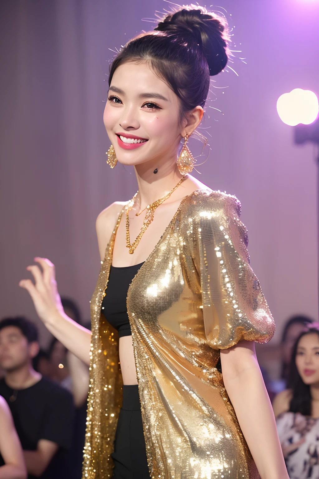(extra detailed body、extra detailed face、best qualtiy:1.2)、femele、looking at the viewers、(Sequins Gold Color、Wacky fashion、a smile、Fancy shoulder-length gold earrings、a necklace、)、(Fashion Show Venues）