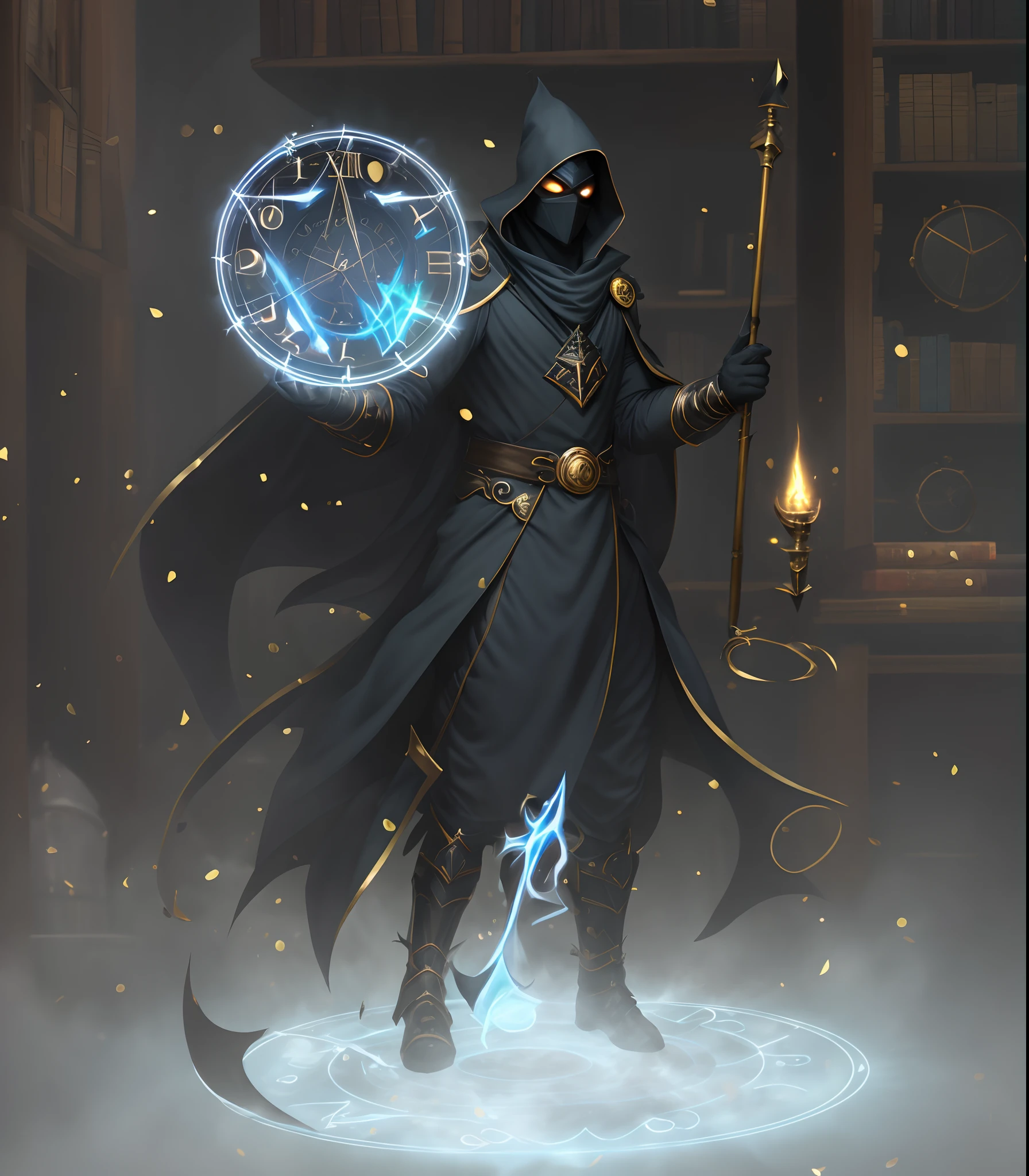 good male clockwork soul sorcerer a close up of a masked good well being dark grey time wizard hold a great bulky thick staff and a gold circle magic, portrait of a mage, an arcane wizard casting a spell, fantasy mage, dark cloaked mage, , shadow mage male, d&d rpg epic mediecal sorcerer, mask good mage, in a library full of clocks and magical clocks