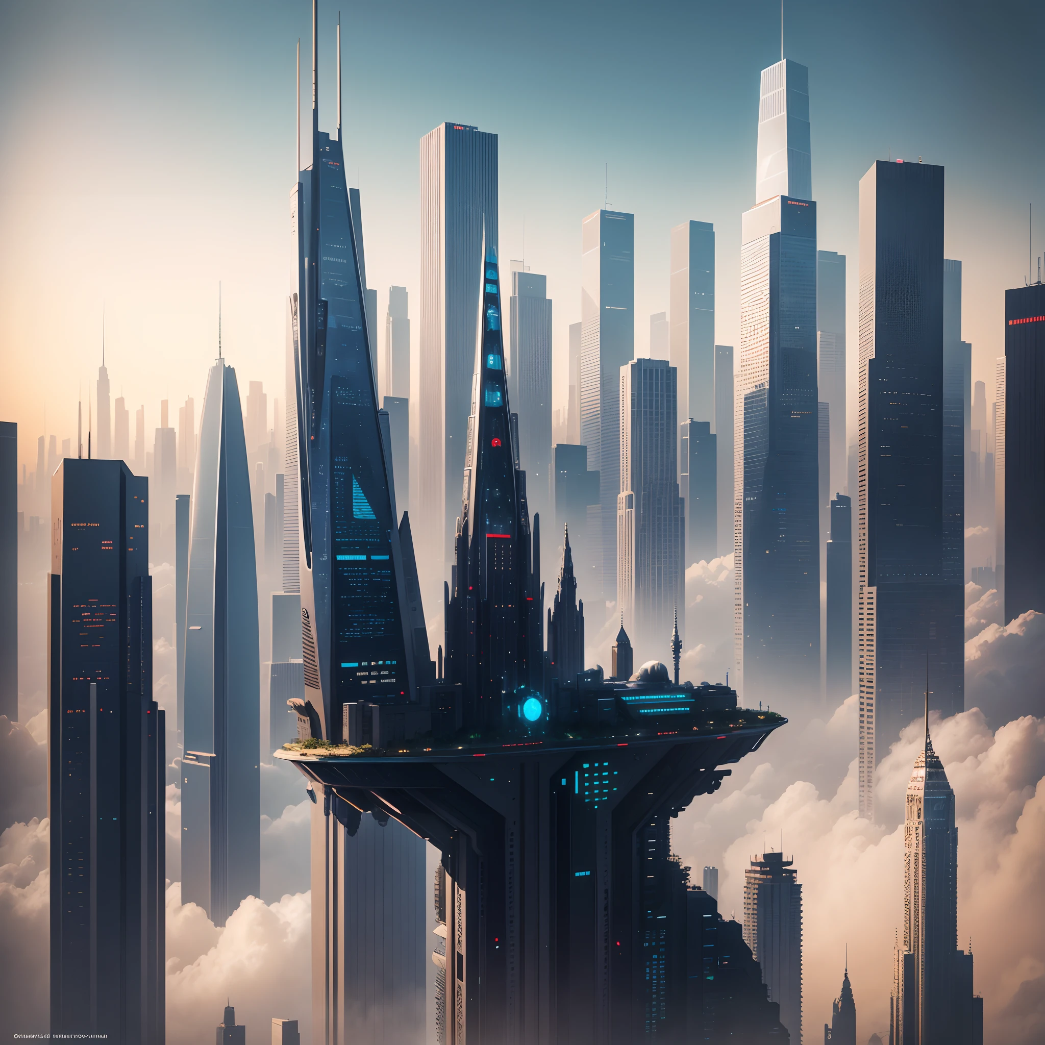 Futuristic skyline with skyscrapers，cyberpunked，超A high resolution，planet earth，​masterpiece，100 times the height of the building，Glass skyscraper，ＳＦart by，A world far beyond the imagination of mankind，dream，