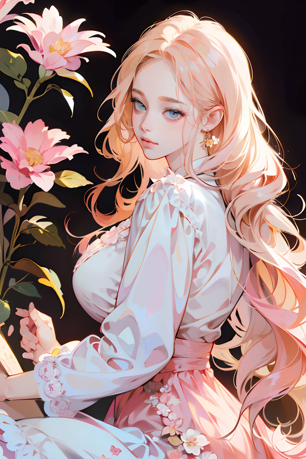 chica anime con el pelo largo y rosa sentada frente a una flor, digital anime illustration, Arte detallado del anime digital, Chica rubia de anime con cabello largo, in the art style of bowater, Alphonse Mucha y Rossdrew, anime style illustration, Chica anime con pelo largo, Hermoso estilo de arte de anime, Anime illustration, Hermoso retrato de anime, Soft anime illustration, hermosa chica de anime, recogiendo flores,