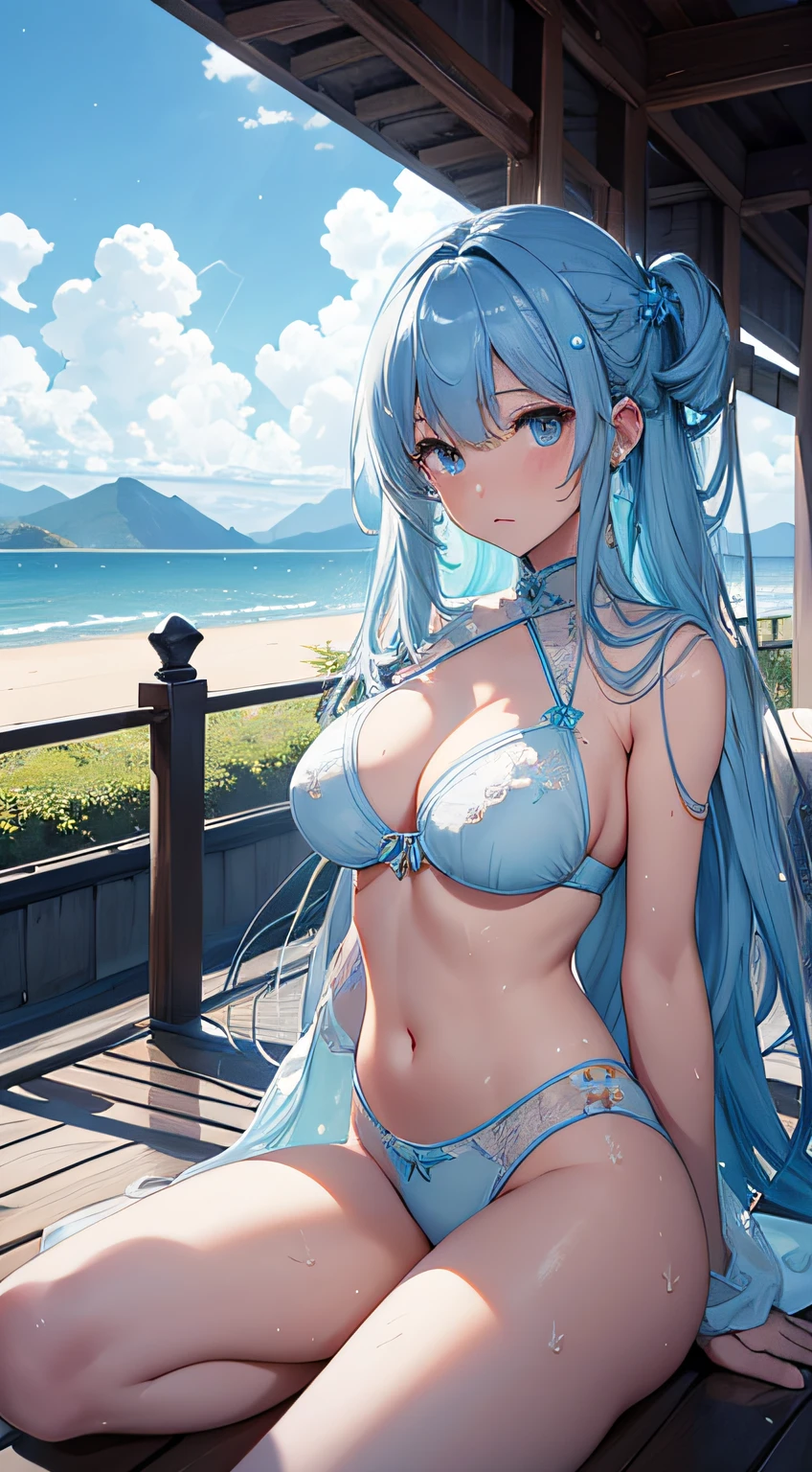 ​masterpiece、Massive landscape（（natta、Mysterious starry sky、Meteor swarm、sea side））、lightblue hair、a beauty girl、huge tit、Delicate embroidery on a transparent white bikini、Farbe々Pose、Wet hair、Body is wet、perspiring、lying back、Looking up、Hair is tied up