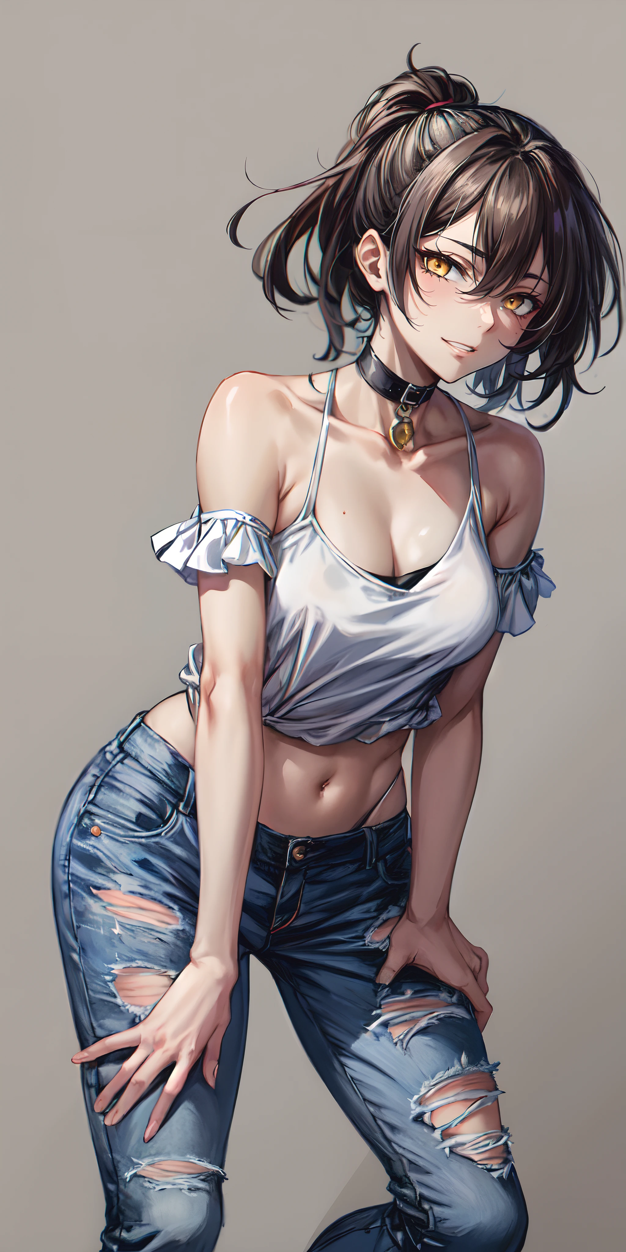 long hair, black hair, ponytail, sweating, glowing eyes, heavy breathing, 1girl, breasts, jeans, pants, denim, navel, large_breasts, cleavage, torn_clothes, torn_jeans, bare_shoulders, solo, parted_lips, lips, looking_at_viewer, brown_eyes, black_hair, jewelry, crop_top, collarbone, choker, short_hair, "Vector art, Vivid colors, Clean lines, Sharp edges, Minimalist, Precise geometry, Simplistic, Smooth curves, Bold outlines, Crisp shapes, Flat colors, Illustration art piece, High contrast shadows, Technical illustration, Graphic design, Vector graphics, High contrast, Precision artwork, Linear compositions, Scalable artwork, Digital art",