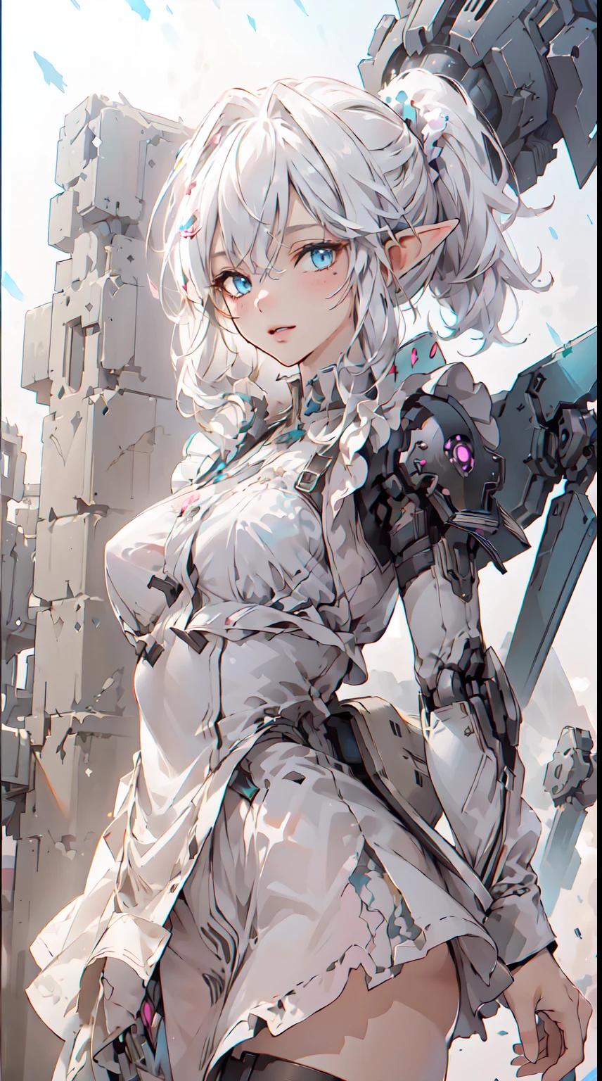 (Masterpiece, Best Quality, great, Highly detailed ajectar Unity、8k wallpaper, Depth-of-field, super fine-illustration:1.5)、3D, Extremely detailed, (Victorian maid cloth、a mech elf girl:1.3), sci-fi battlefield, hawken, Smile, Open mouth, short ponytail hair, (white blonde hair, Deep Blue Eyes:1.2), Sparkling eyes, Cute face, kawaii, Large breasts, delicate hair, disheveled hair, ((Flying high in the sky)),  (Symmetrical mechanical wing, Metallic colored mechanical wings that are widely expanded to the left and right so that they protrude greatly from the screen, headgear, white hair ornament), (Particles of light, Cinematic lighting: 1.3), (Thin pink lips: 0.8), by Yusuke Murata.