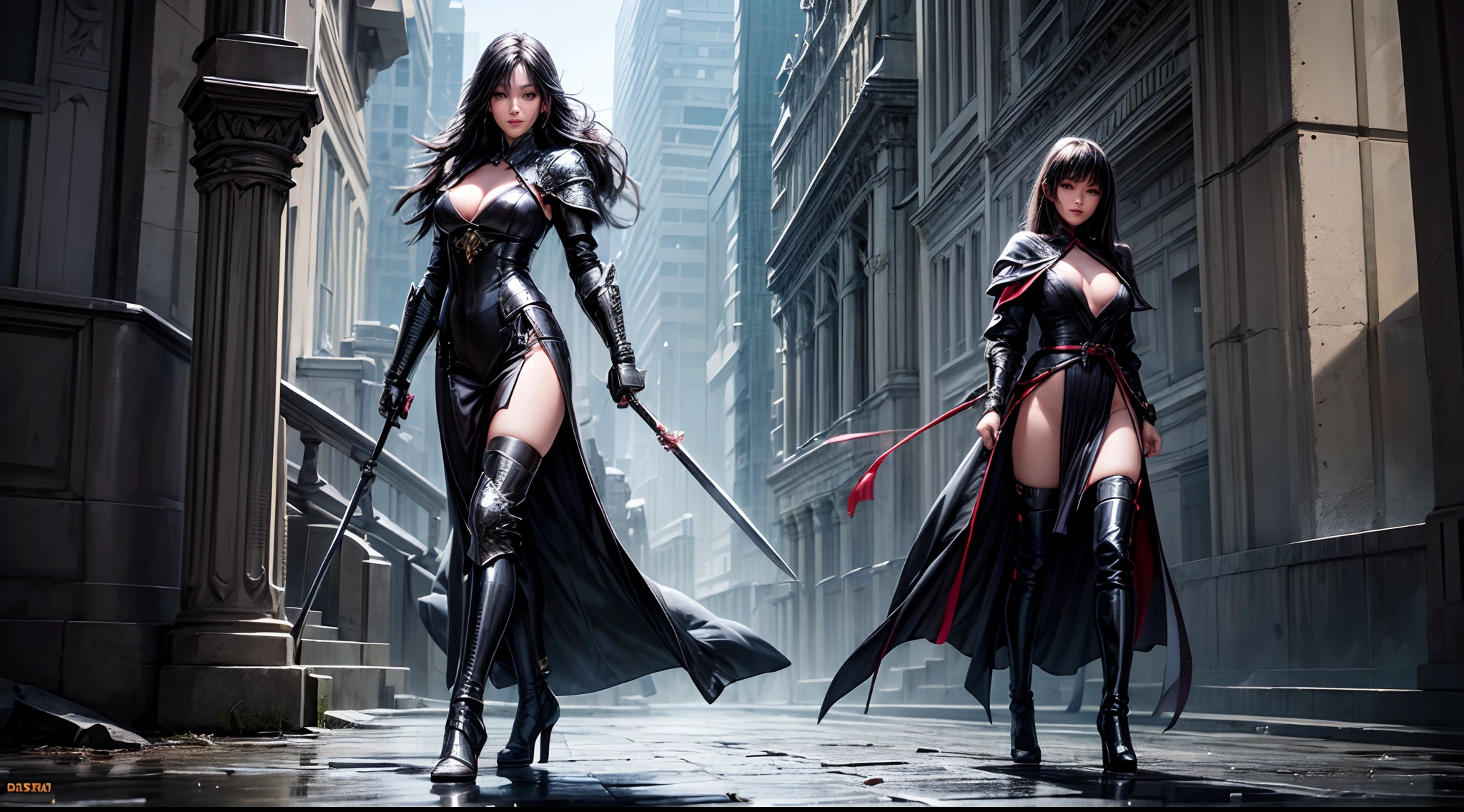 2girls,beautiful women, 30yr old,Japanese,Black dress Armor,pointed toes high heels boots,Full body portrait,Slim body,holding swords,robe,Manteau,Perfect face and nice perfect face, smile,Surreal concept, 8K resolution, photographic quality, Walk through the ruins, Photorealistic,A detailed eye,Diagonal angle,
