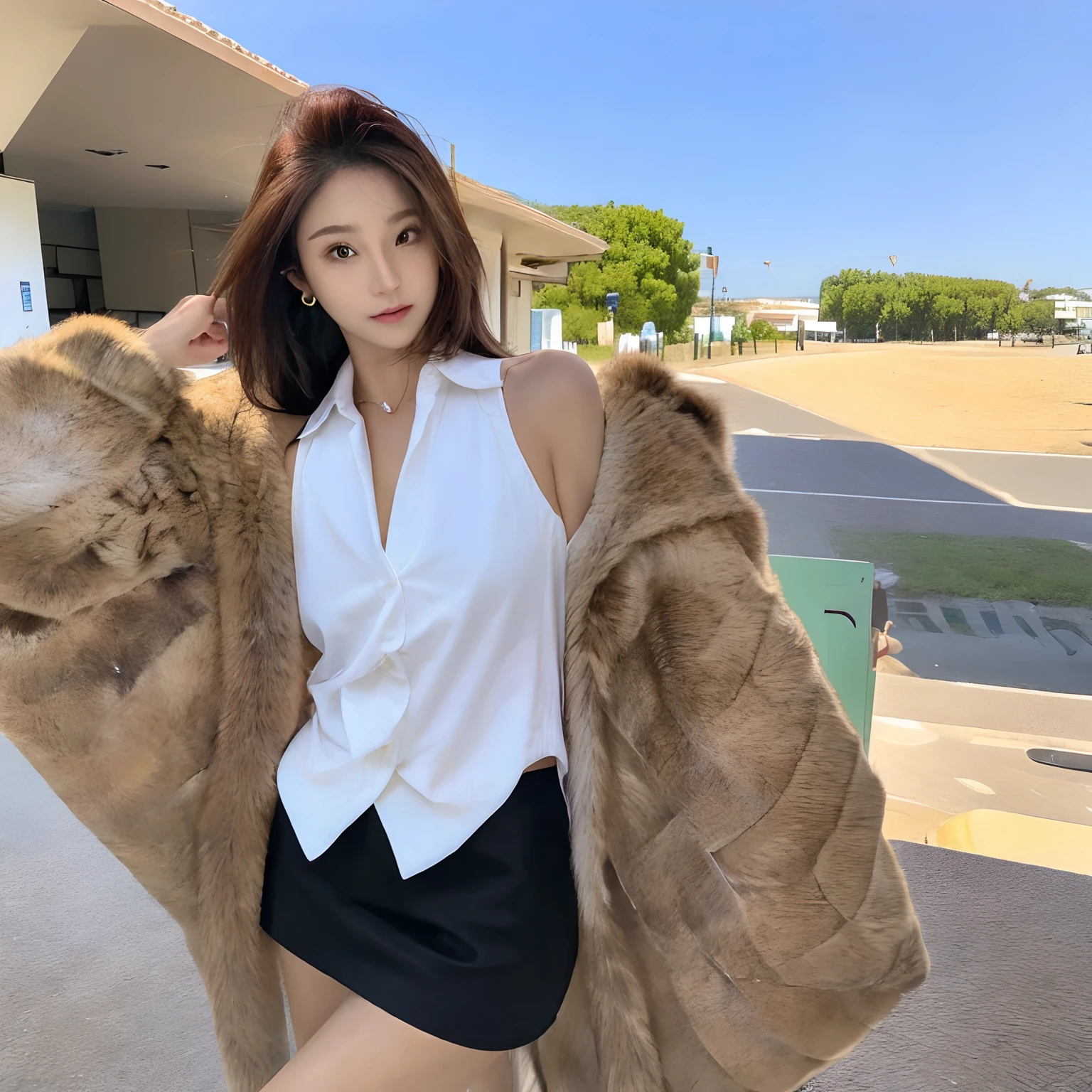 ((Best quality, 8K, masutepiece: 1.3)), Sharp focus: 1.2, 1 girl, Neat and clean beauty, 20 years old, emotive,Classy and Elegant, Beautiful girl with perfect figure, Cute, Shy, ((Medium hair swaying in the wind)),, (vests: 1.1), Skirt, Highly detailed face and skin texture, Detailed eyes, beach,