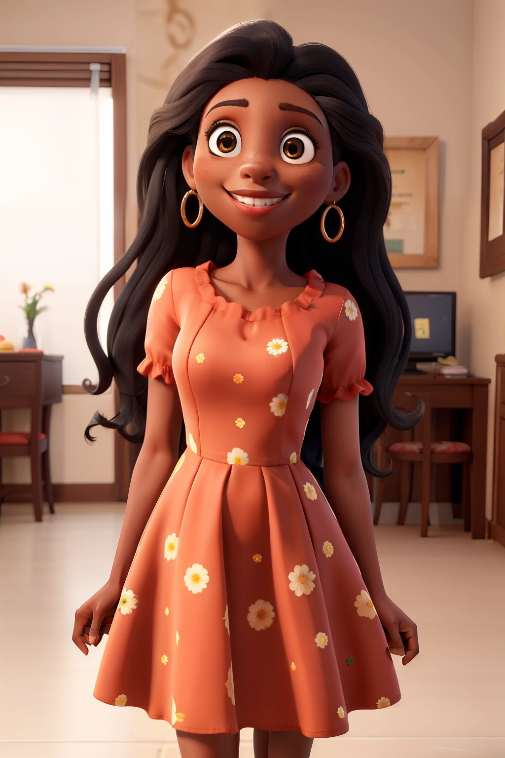 Obra-prima, de melhor qualidade, A young black mother with long straight wavy hair, vestido floral e sorriso doce, Uses oval oculus.