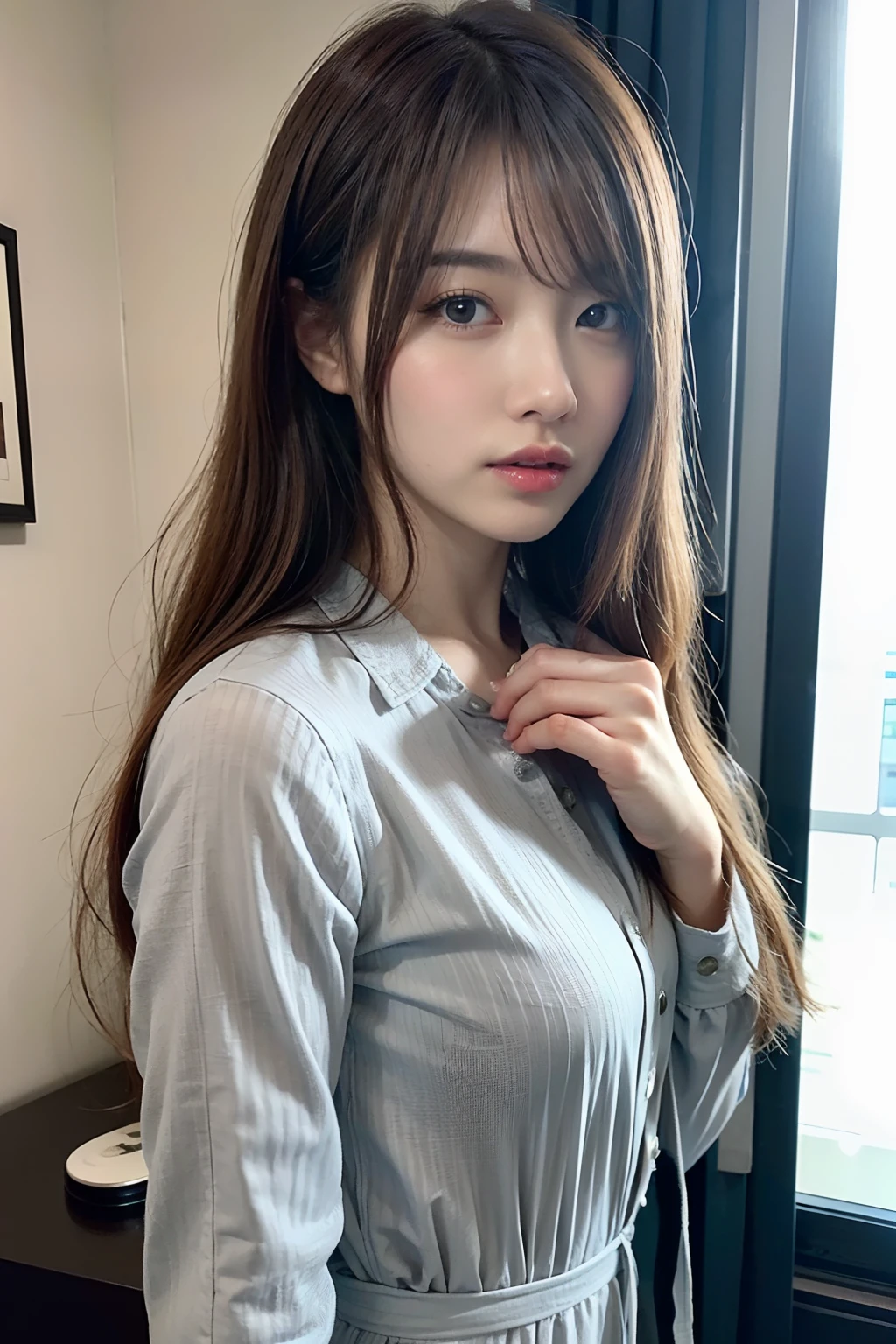 masterpiece、1 beautiful girl、A detailed eye、Puffy eyes、top-quality, 超A high resolution, (Realisticity: 1.4), cinematlic lighting、japanes、Asian Beauty、Korea person、Super beauty、Beautiful skin、A slender、The body is facing forward、(A hyper-realistic)、(hight resolution)、(8K)、(ighly detailed)、(beautifully detailed eyes)、(ultra-detailliert)、 (wall-paper)、A detailed face、Bright lighting、profetional lighting、looking at viewert、Facing straight ahead、The outfit is a neat gray shirt and dress、oblique bangs、inside in room、Brown hair、乃木坂アイドル、韓国アイドル、hposing Gravure Idol、女優、25-years old、tall,