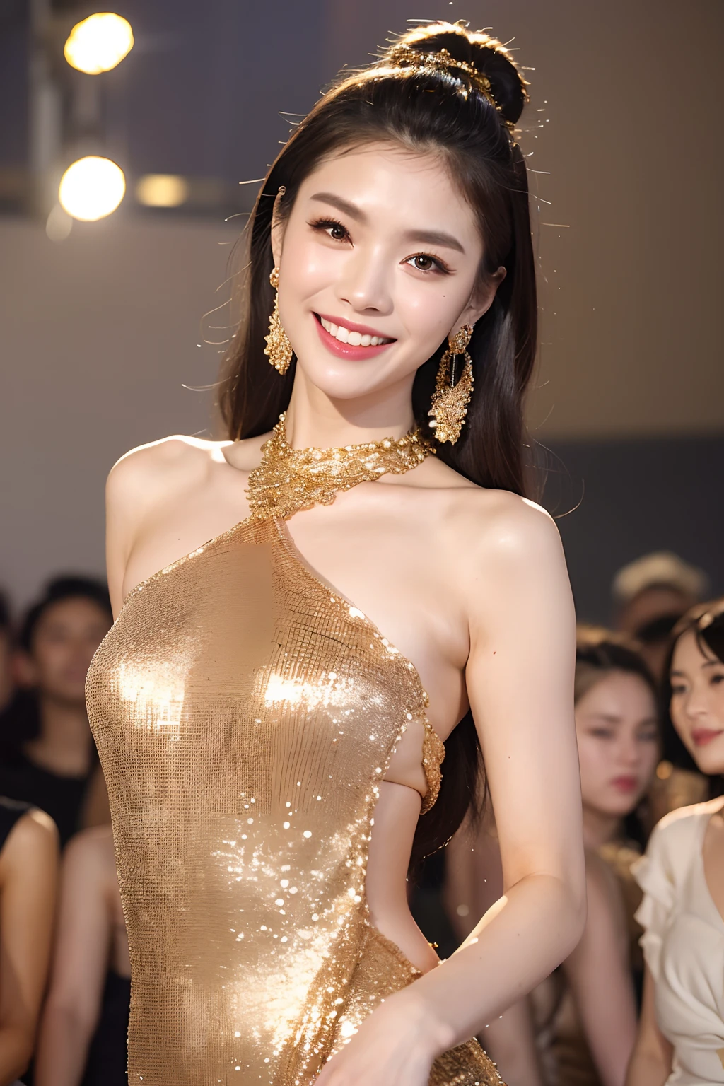 (extra detailed body、extra detailed face、best qualtiy:1.2)、femele、looking at the viewers、(Sequins Gold Color、Wacky fashion、a smile、Fancy shoulder-length gold earrings、a necklace、)、(Fashion Show Venues）