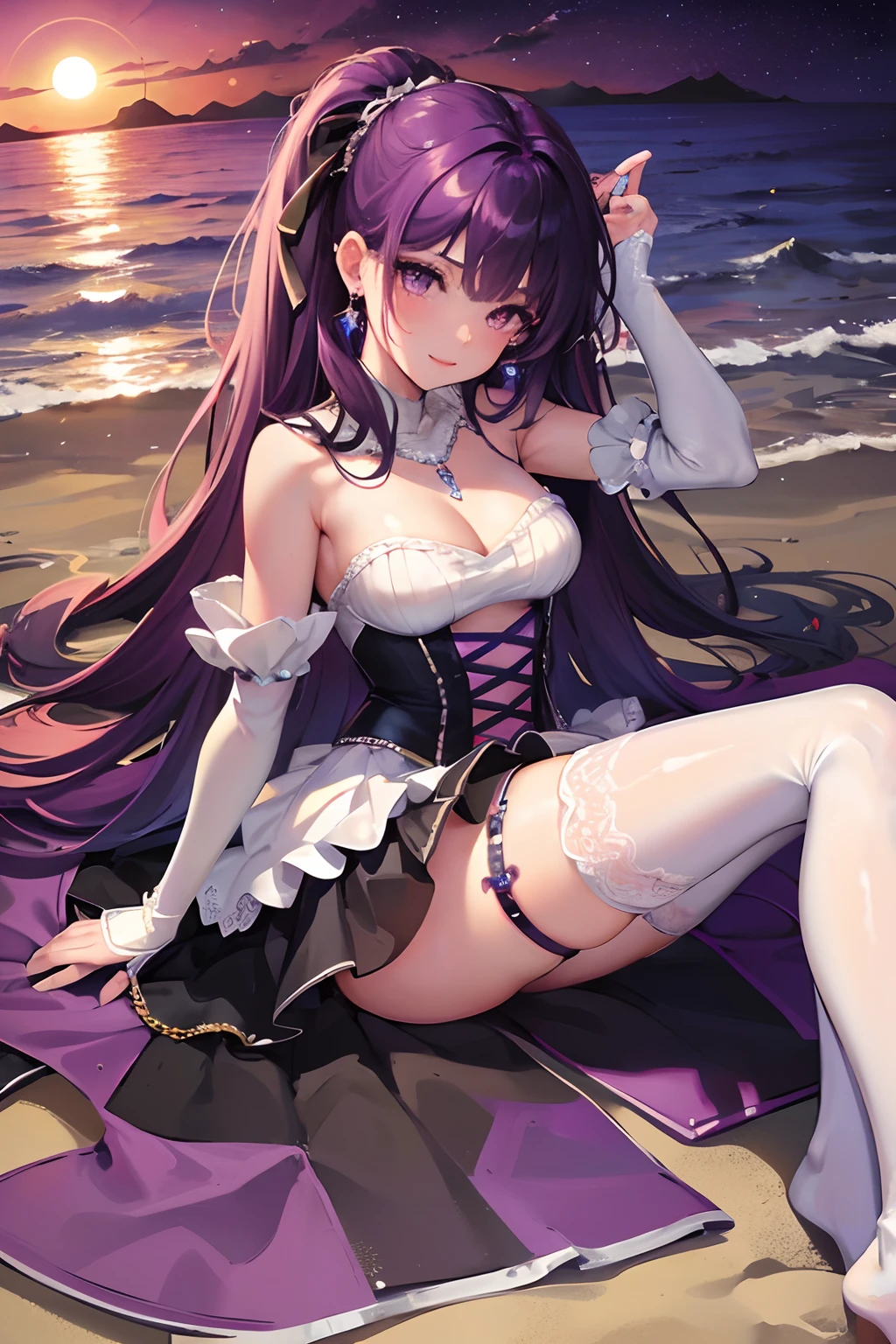 Masterpiece, Best quality, Night, stars, beautiful purple sunset at beach
, Photo, Real, Huge_filesize, Girl, Long hair, Gradient hair, Wavy hair, view the viewer, Light smile, Medium breasts, Wedding_dress, Miniskirt, white thighhighs, Earrings, jewelry, pendant, fingerless_mitts, Spread legs, Lying ,